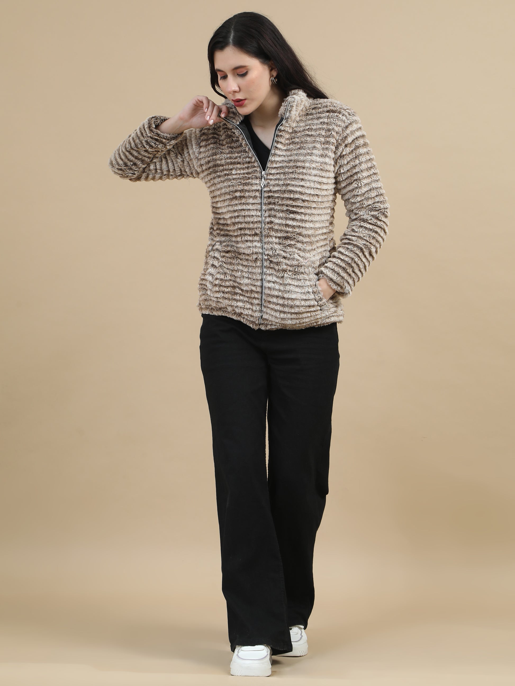 Slim Fit Solid Rabbit Brown Fur Jacket for Women