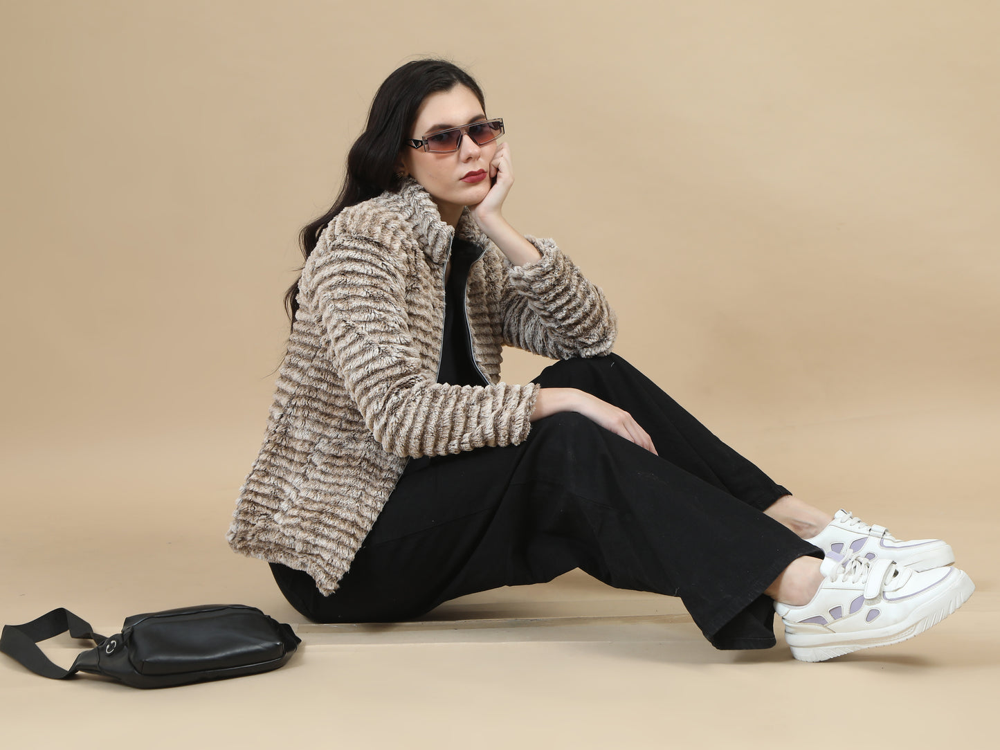 Slim Fit Solid Rabbit Brown Fur Jacket for Women