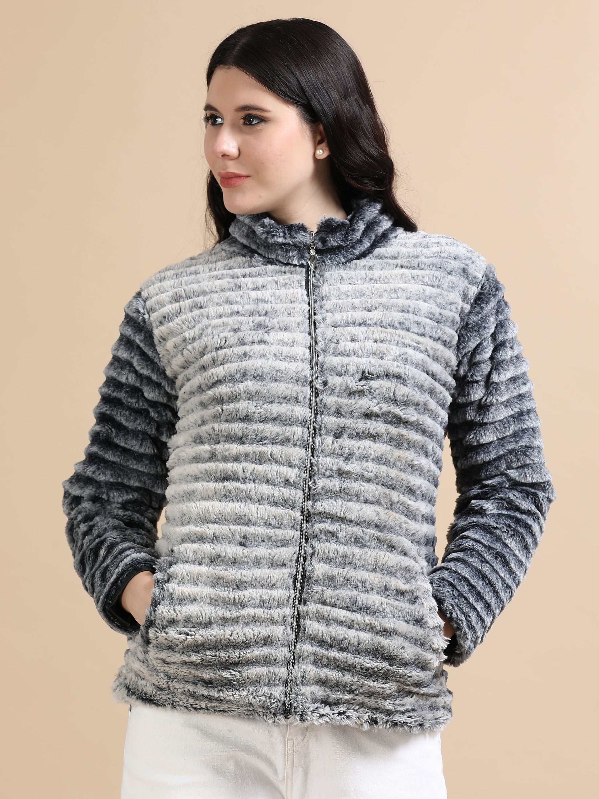 Grey Slim Fit Solid Rabbit Fur Jacket for Women