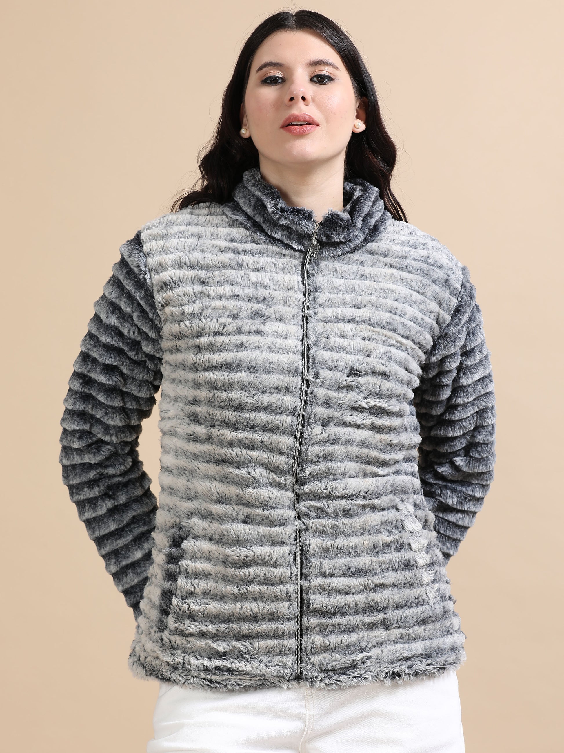 Grey Slim Fit Solid Rabbit Fur Jacket for Women