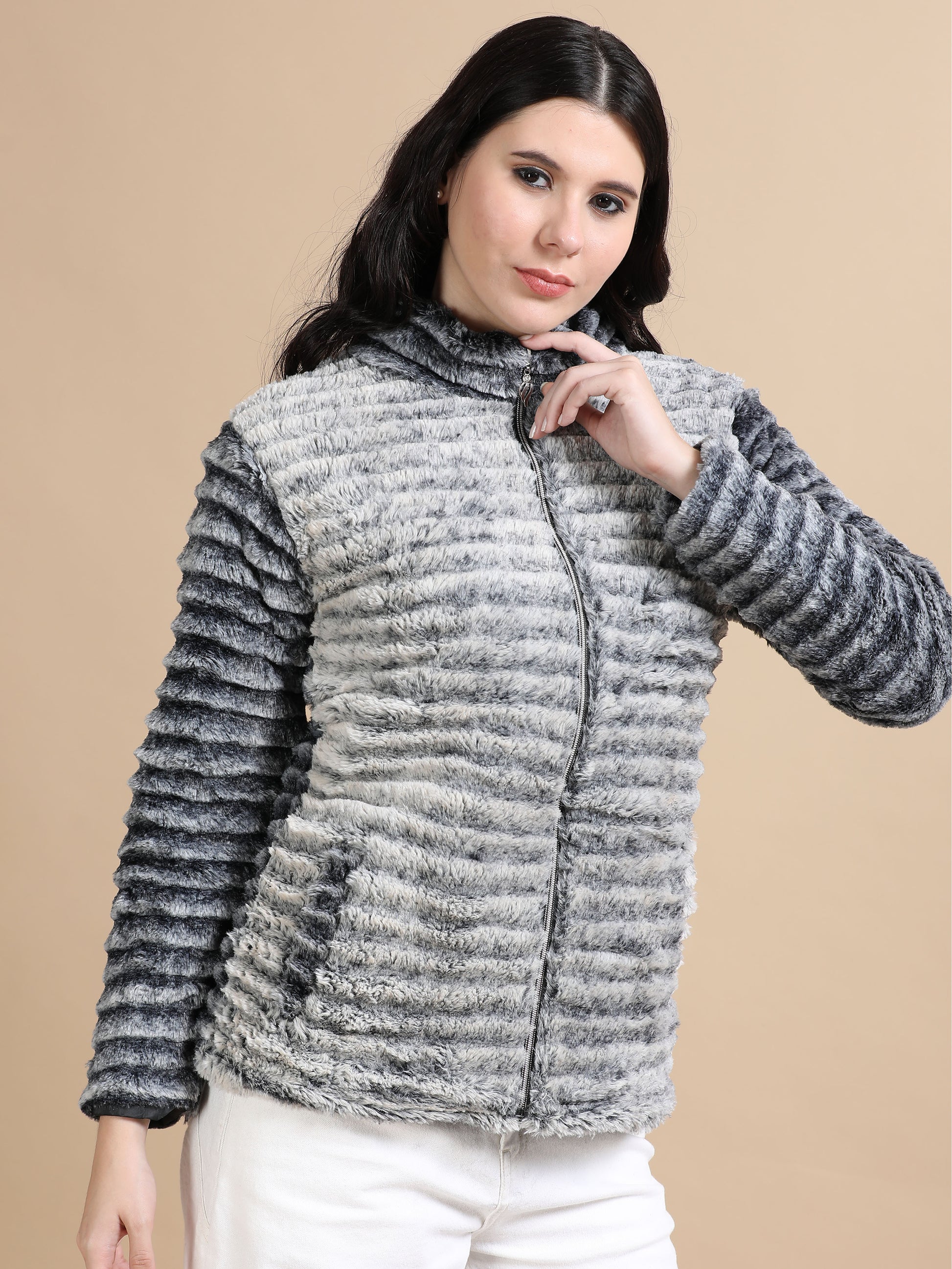 Grey Slim Fit Solid Rabbit Fur Jacket for Women