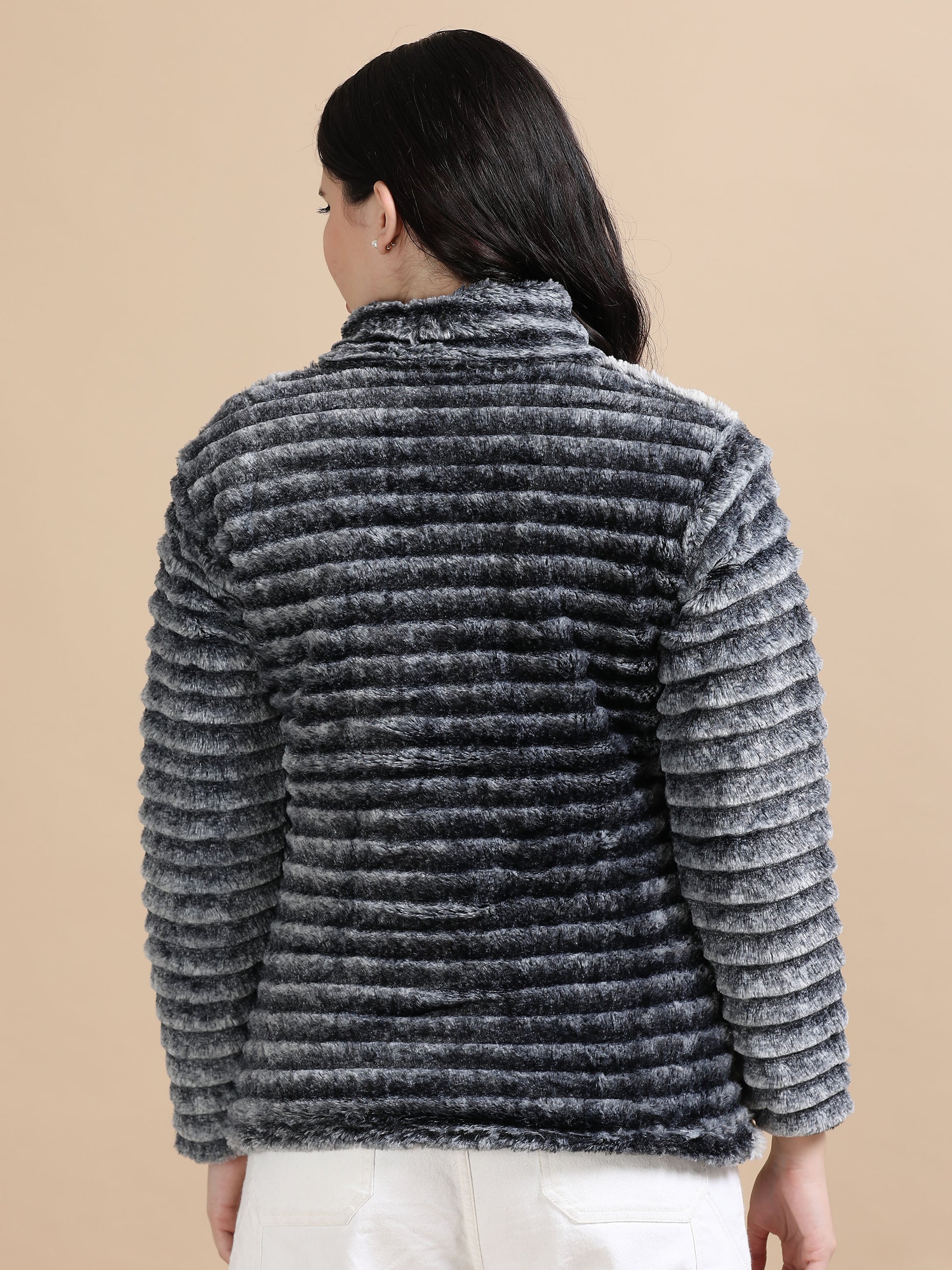 Grey Slim Fit Solid Rabbit Fur Jacket for Women