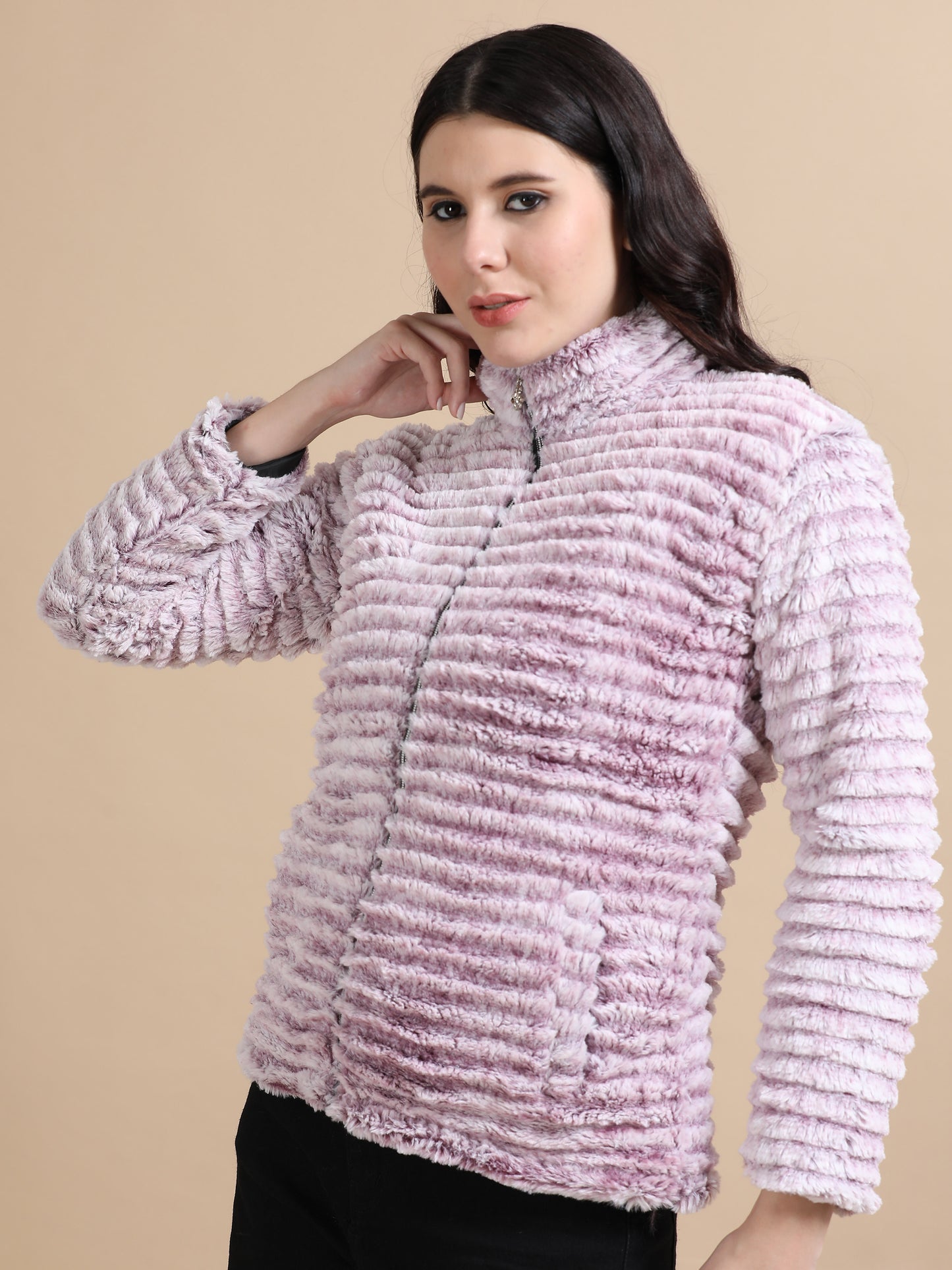 Lavender Slim Fit Solid Rabbit Fur Jacket Ladies