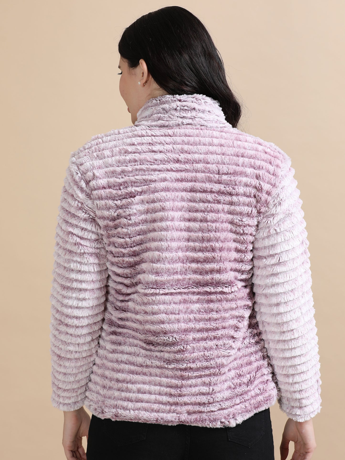 Lavender Slim Fit Solid Rabbit Fur Jacket Ladies