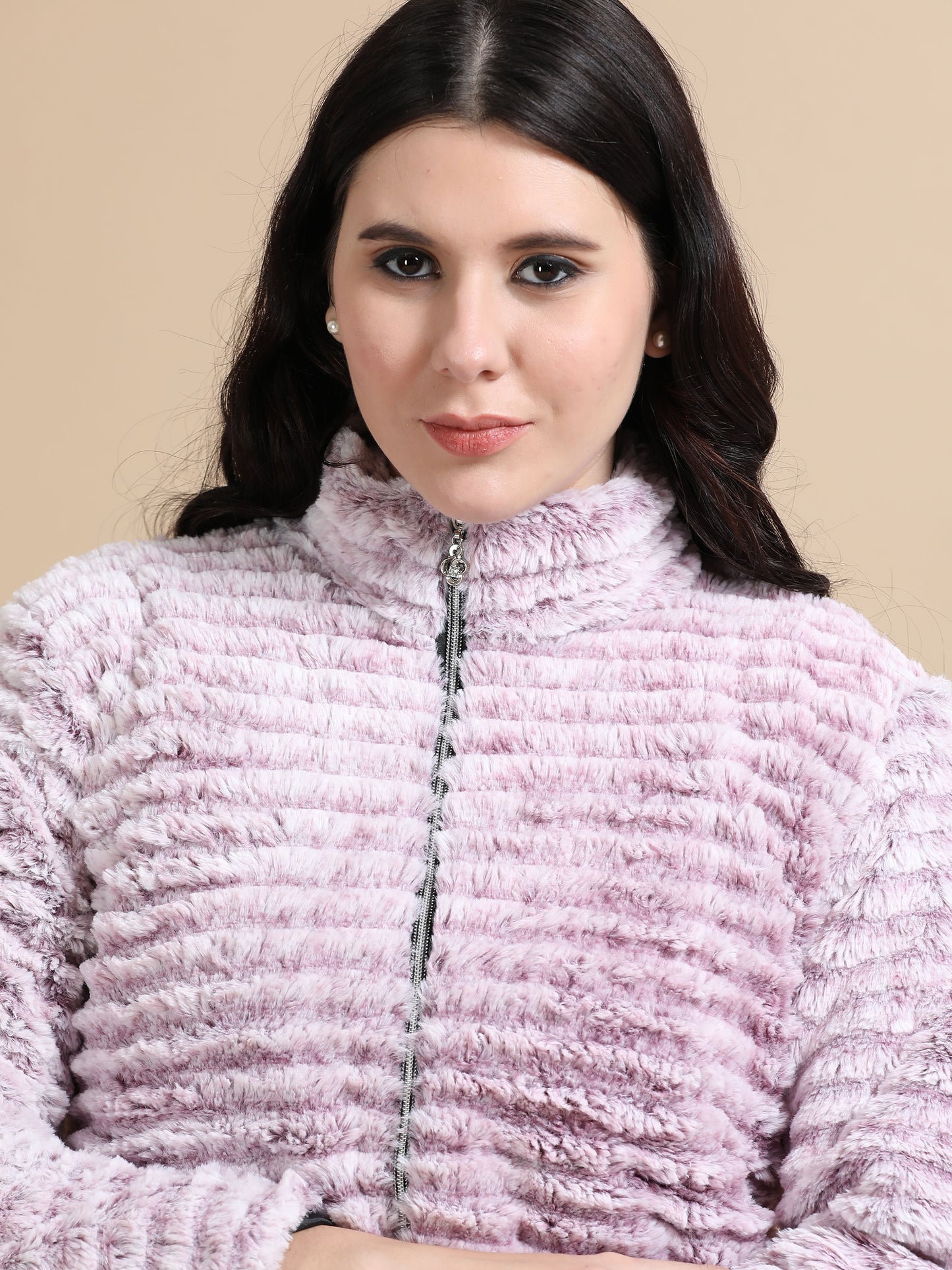 Lavender Slim Fit Solid Rabbit Fur Jacket Ladies