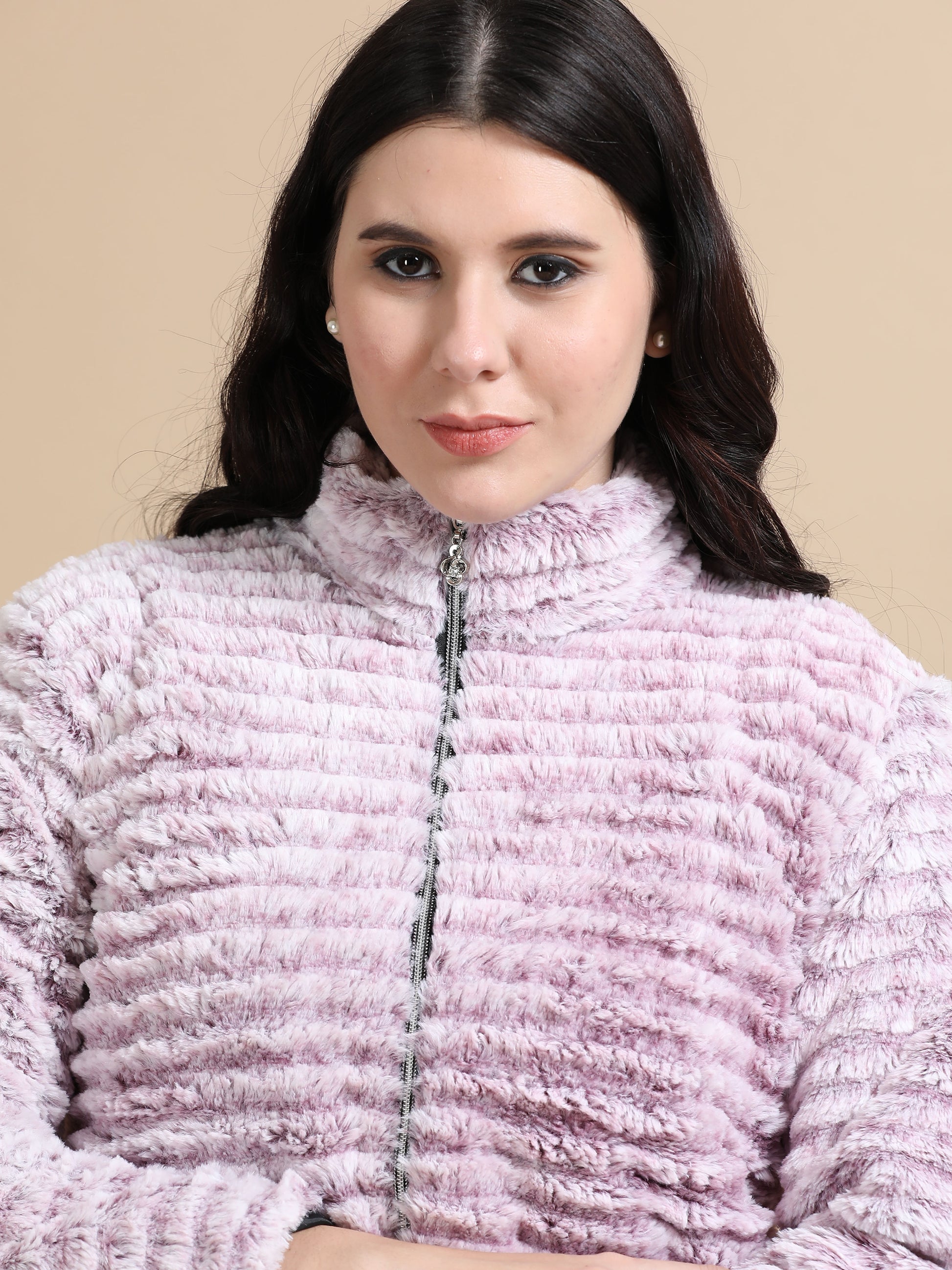 Lavender Slim Fit Solid Rabbit Fur Jacket Ladies