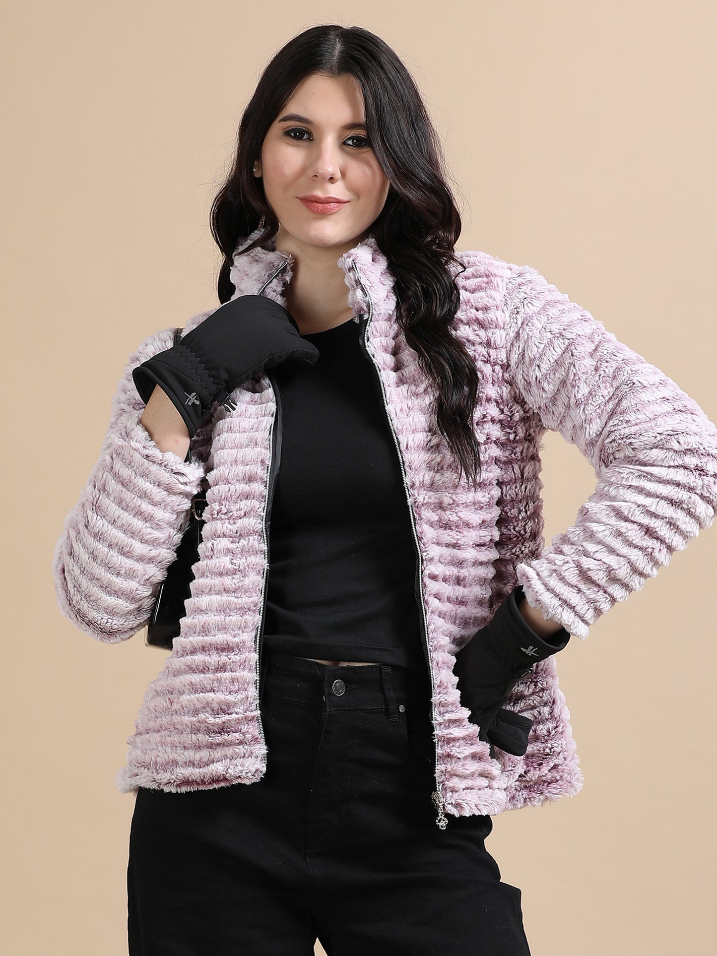 Lavender Slim Fit Solid Rabbit Fur Jacket Ladies