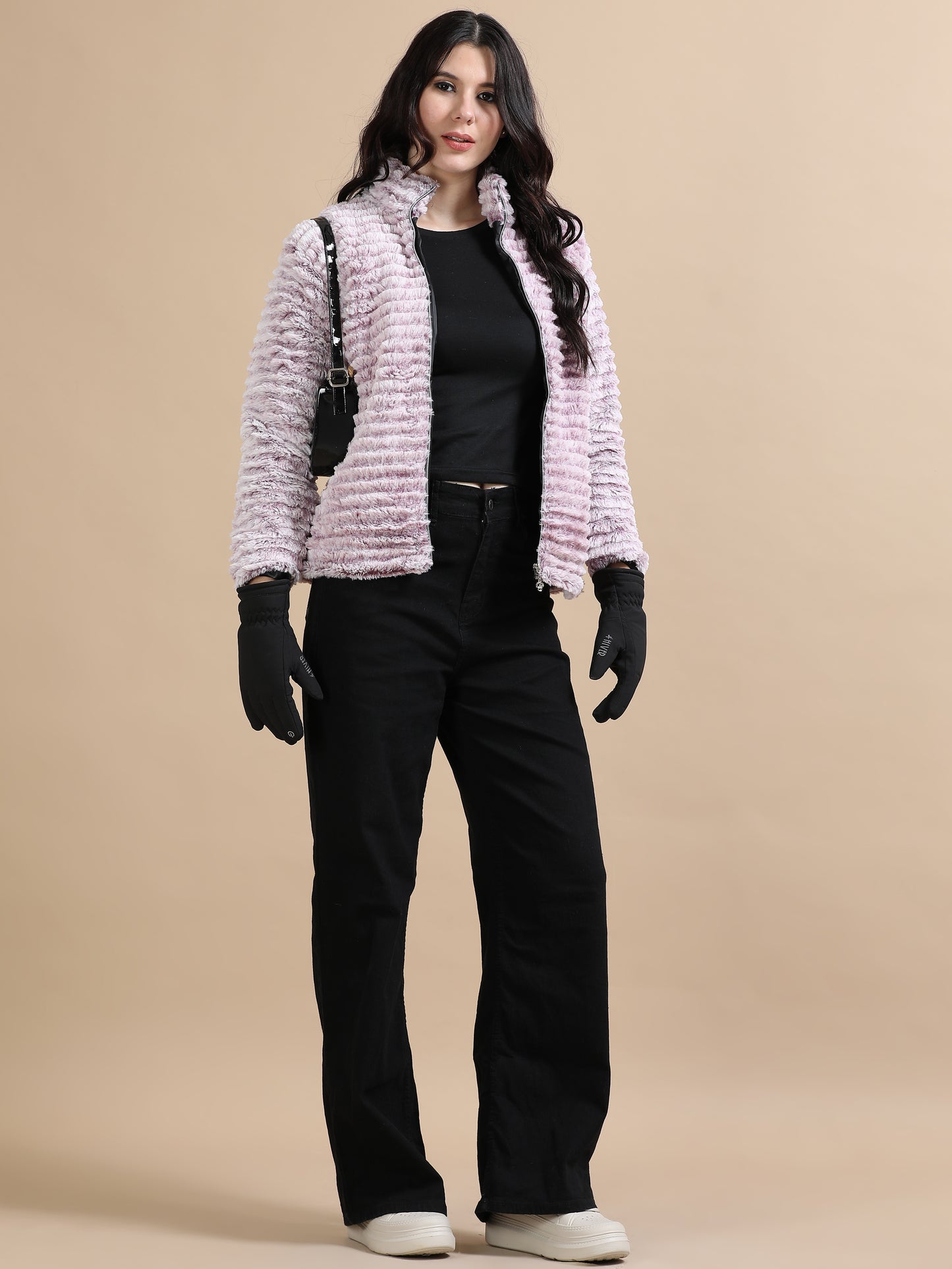 Lavender Slim Fit Solid Rabbit Fur Jacket Ladies