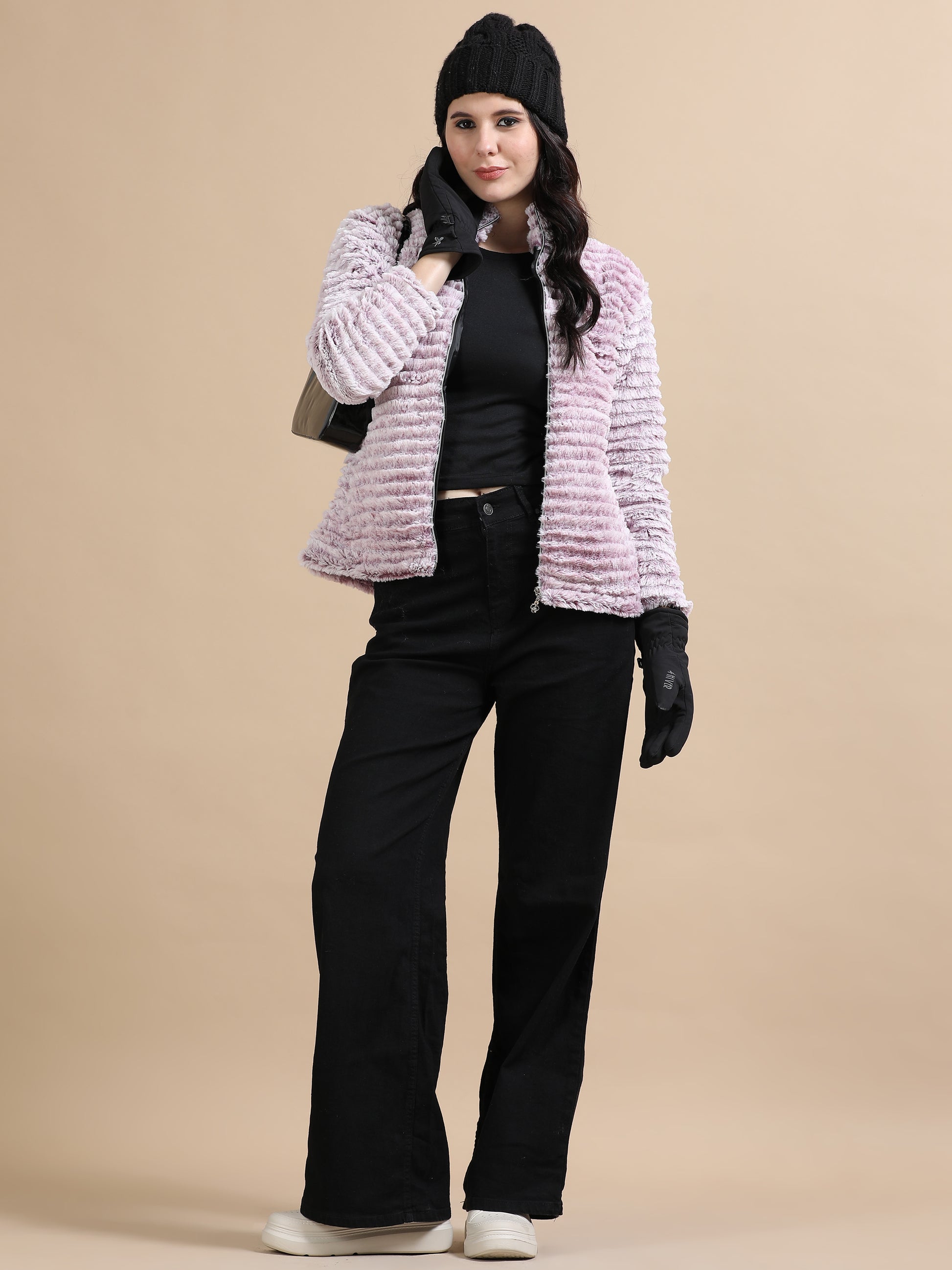Lavender Slim Fit Solid Rabbit Fur Jacket Ladies