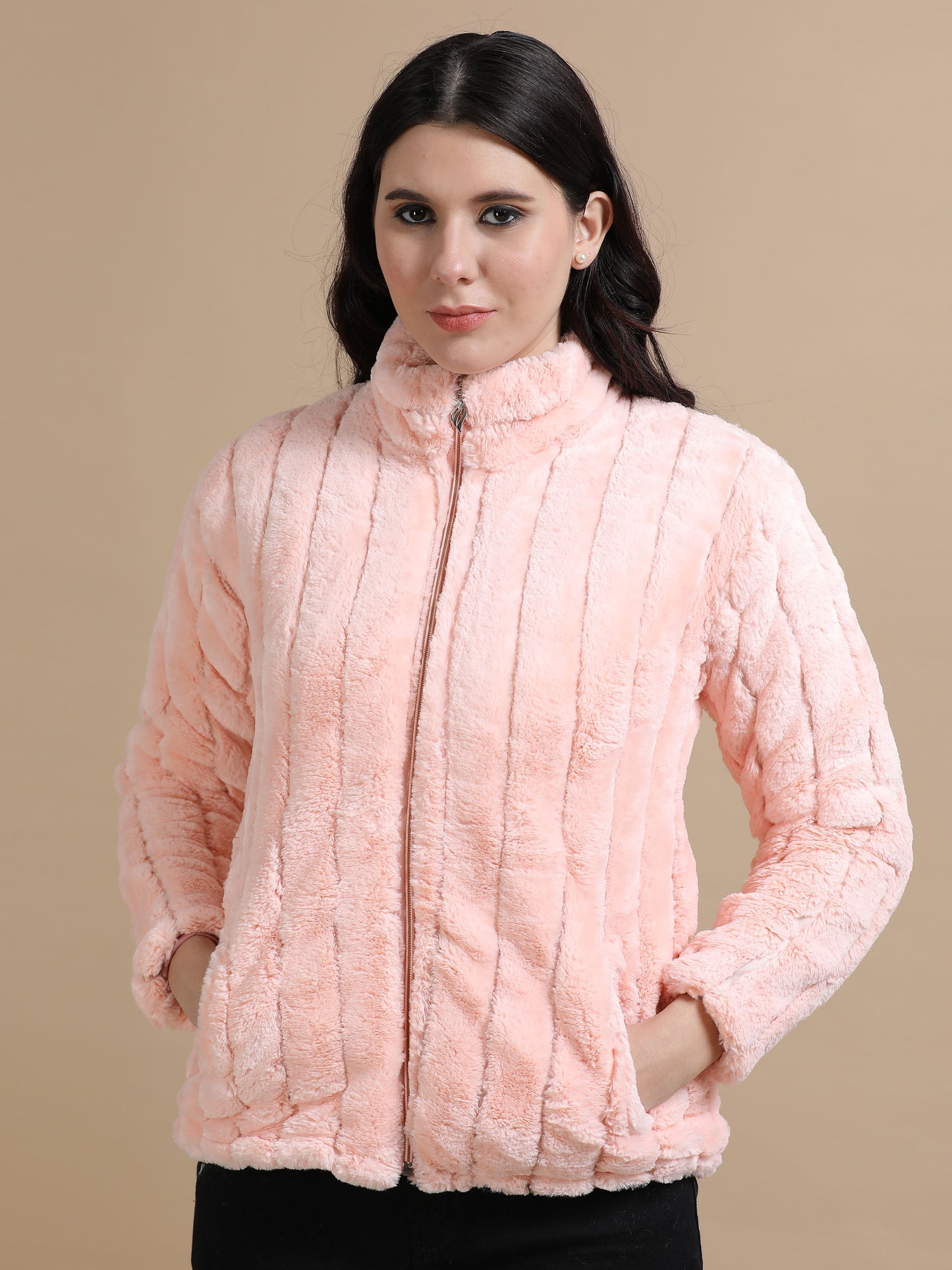 Peach Slim Fit Solid Rabbit Fur Jacket for Women