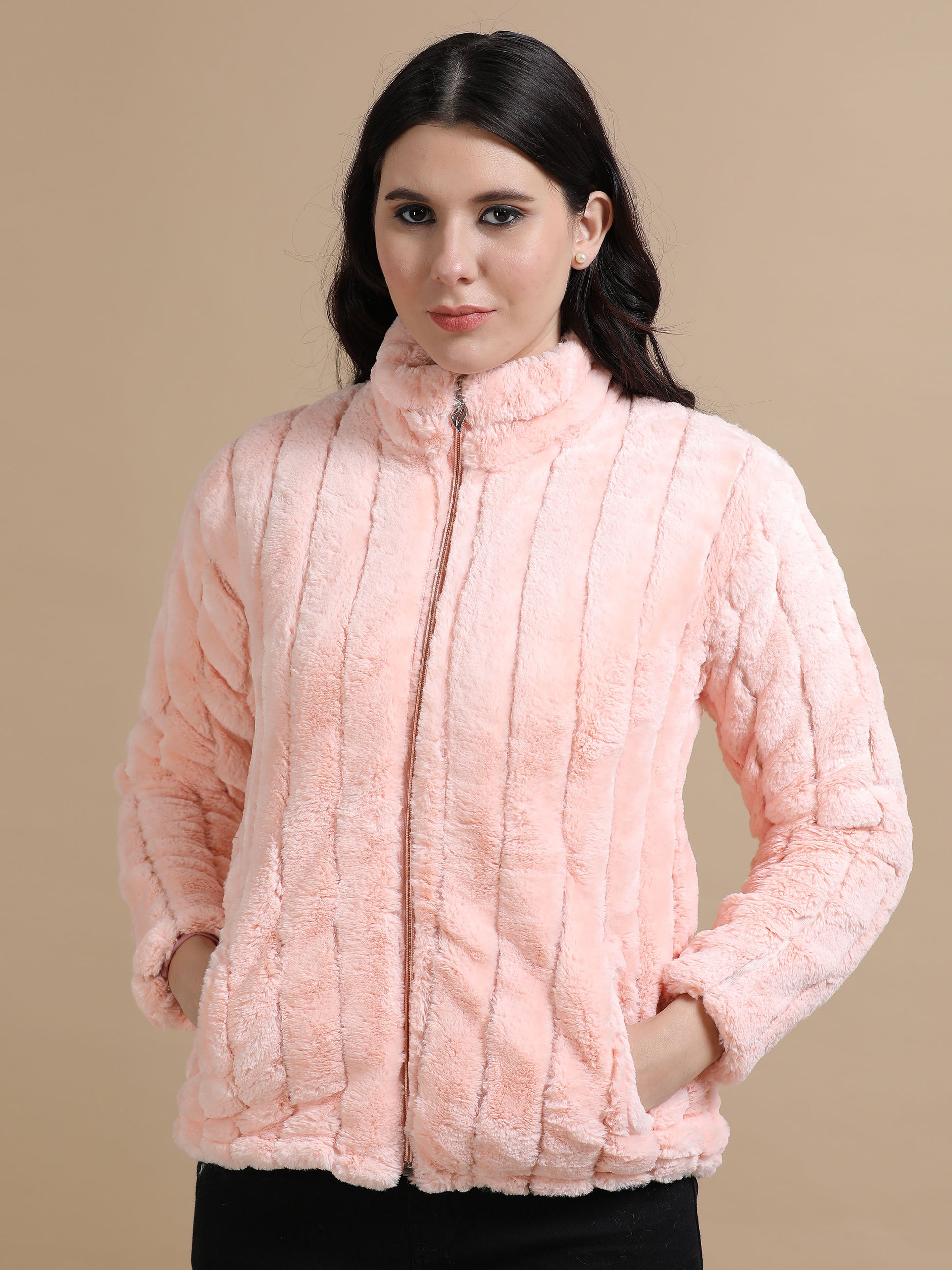 Peach Slim Fit Solid Rabbit Fur Jacket for Women