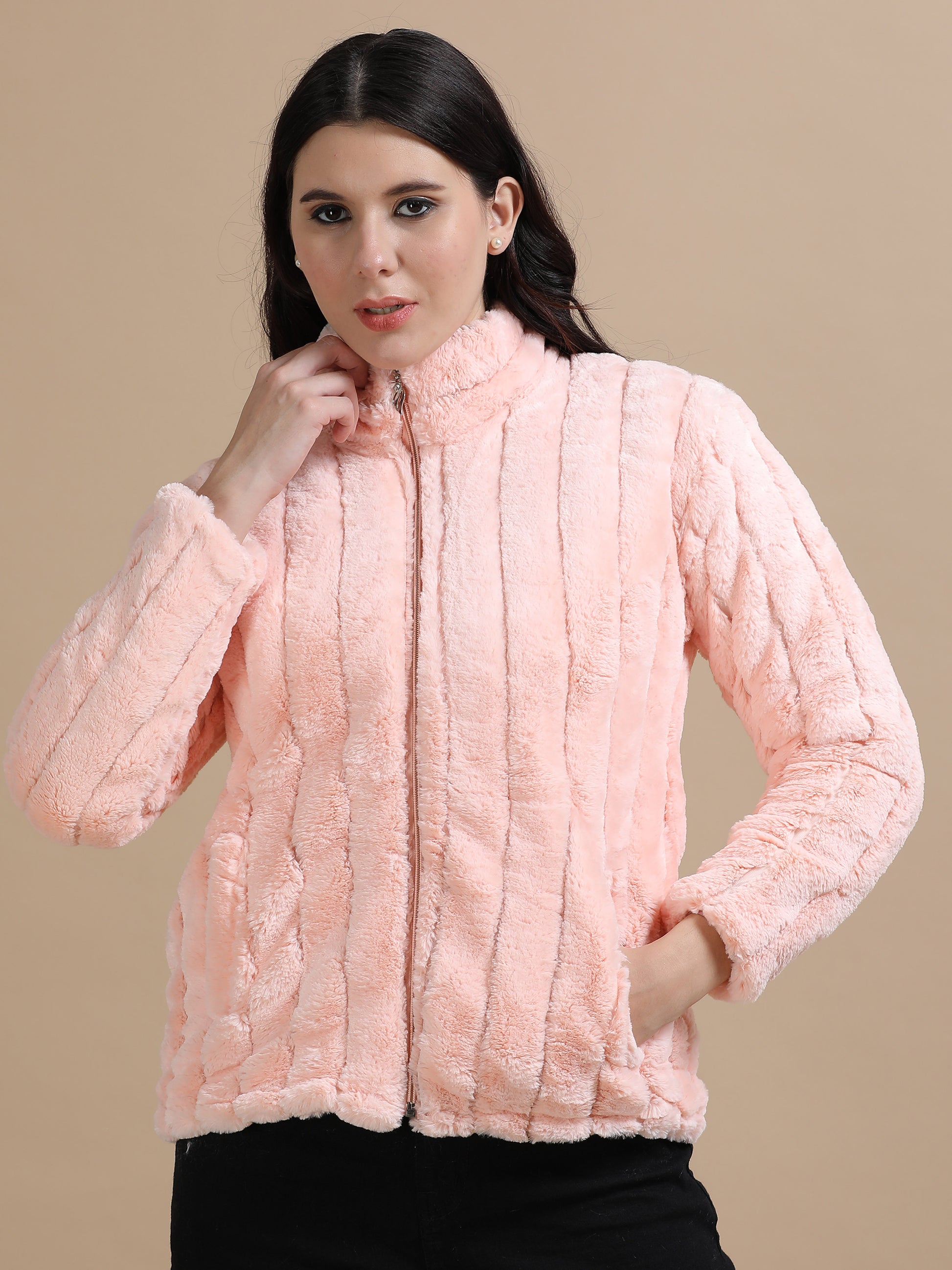 Peach Slim Fit Solid Rabbit Fur Jacket for Women