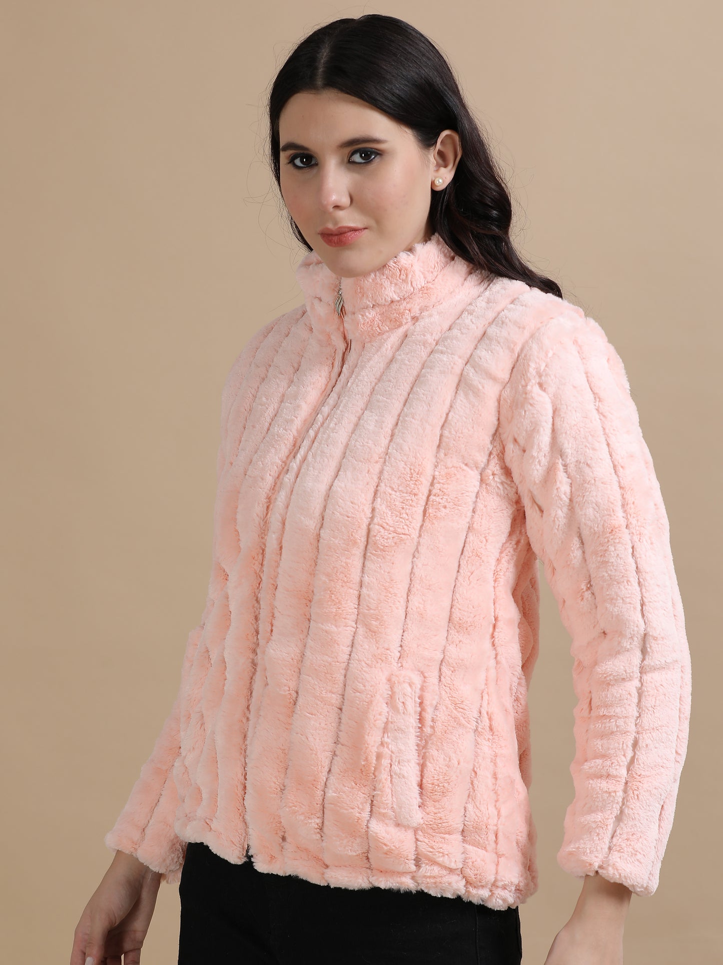 Peach Slim Fit Solid Rabbit Fur Jacket for Women