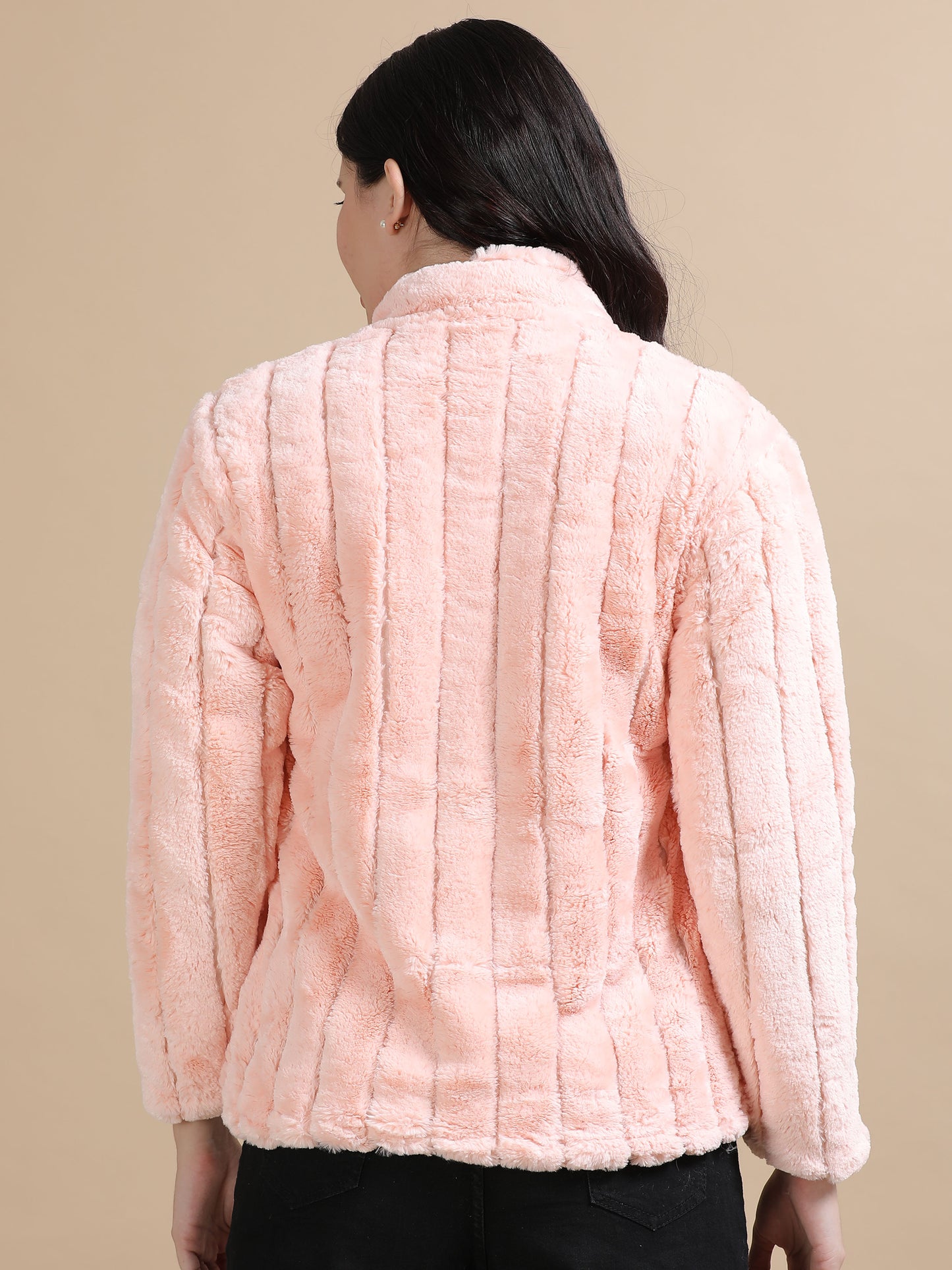 Peach Slim Fit Solid Rabbit Fur Jacket for Women