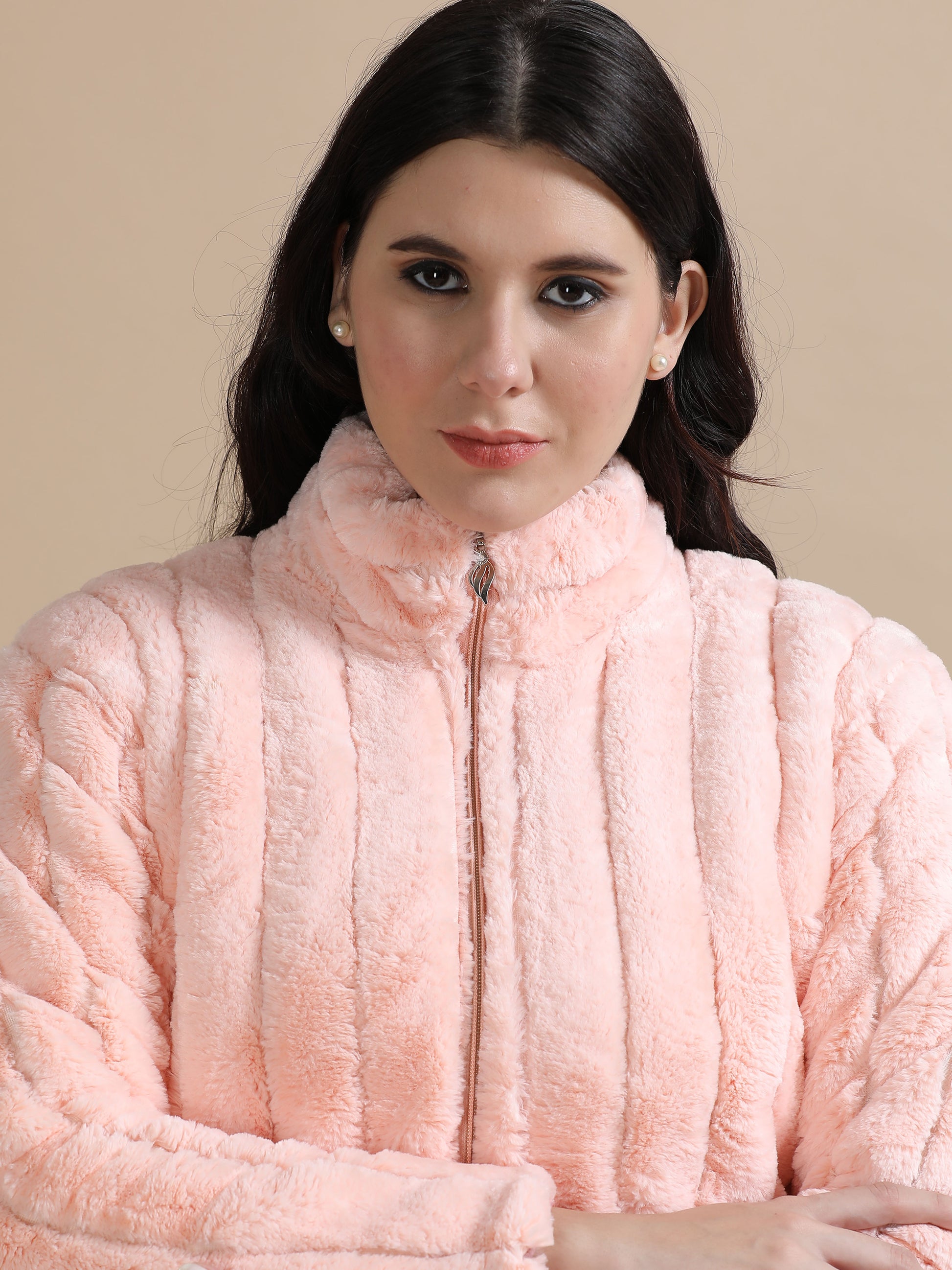 Peach Slim Fit Solid Rabbit Fur Jacket for Women