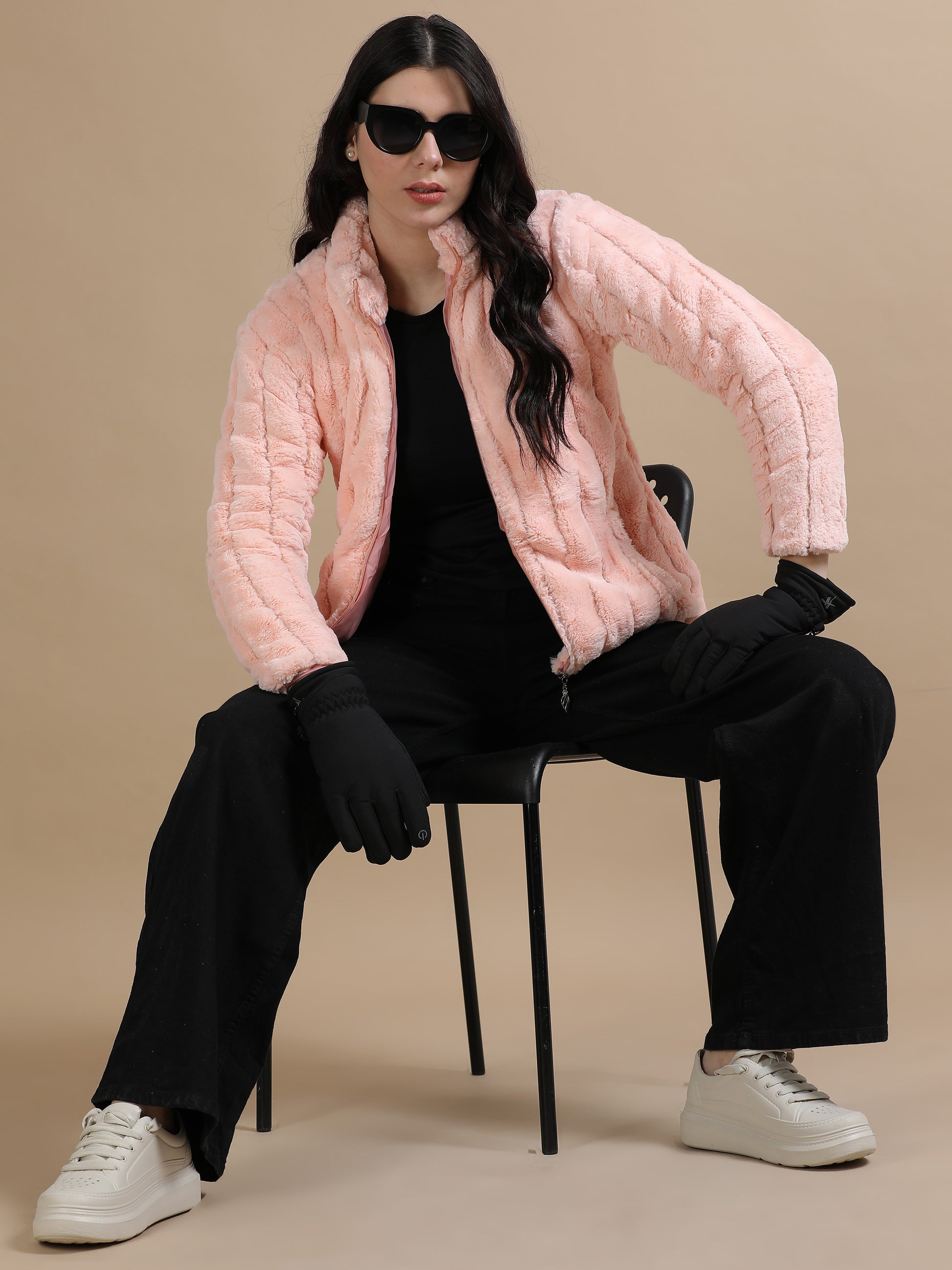Peach Slim Fit Solid Rabbit Fur Jacket for Women