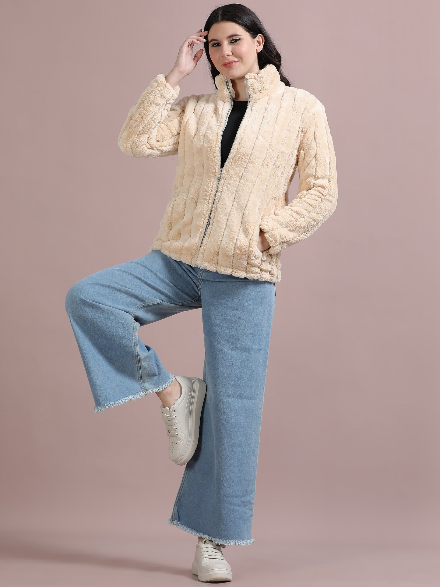 Cream Slim Fit Solid Rabbit Fur Jacket Women