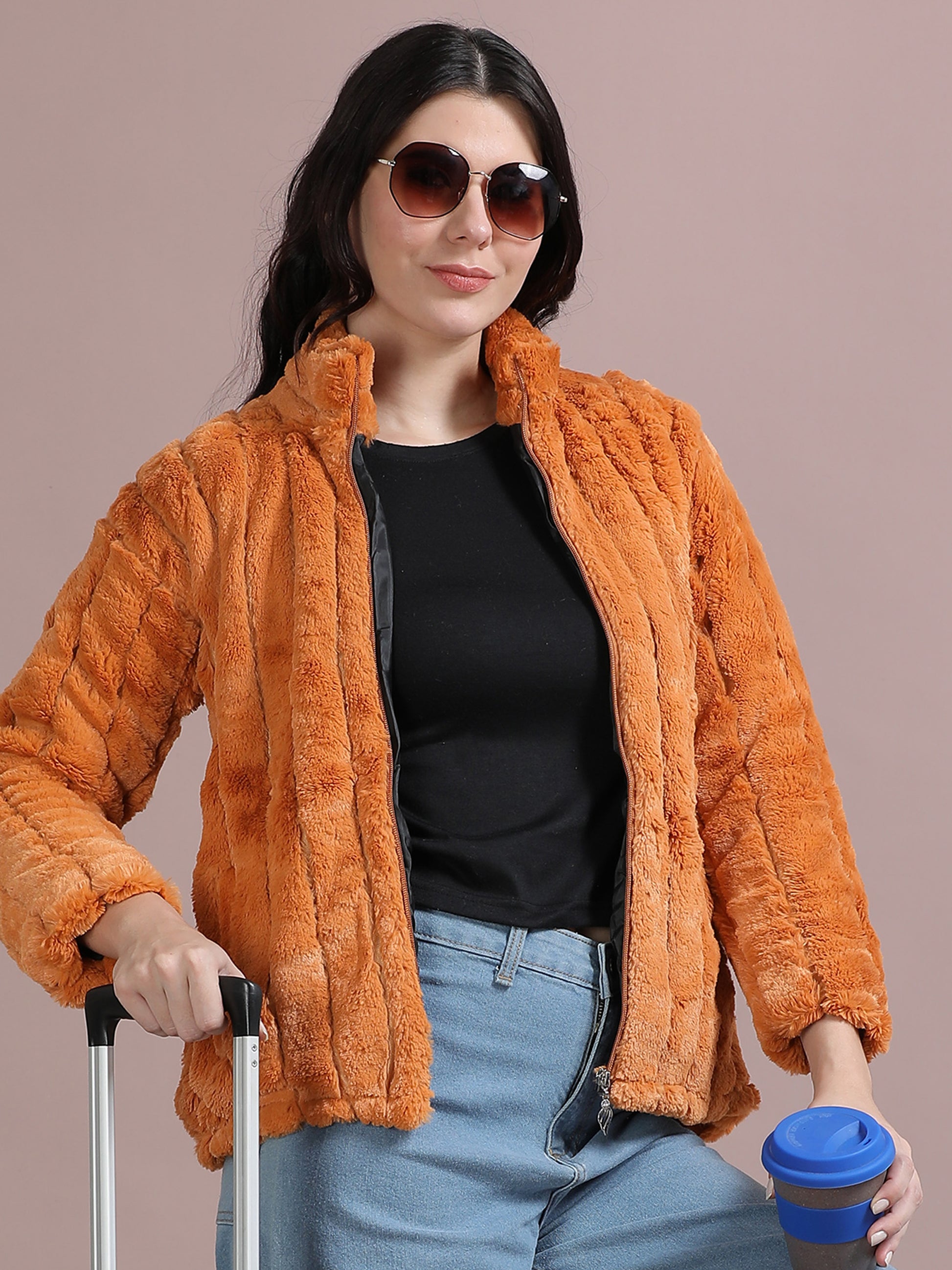 Orange Solid Slim Fit Rabbit Fur Jackets for Women