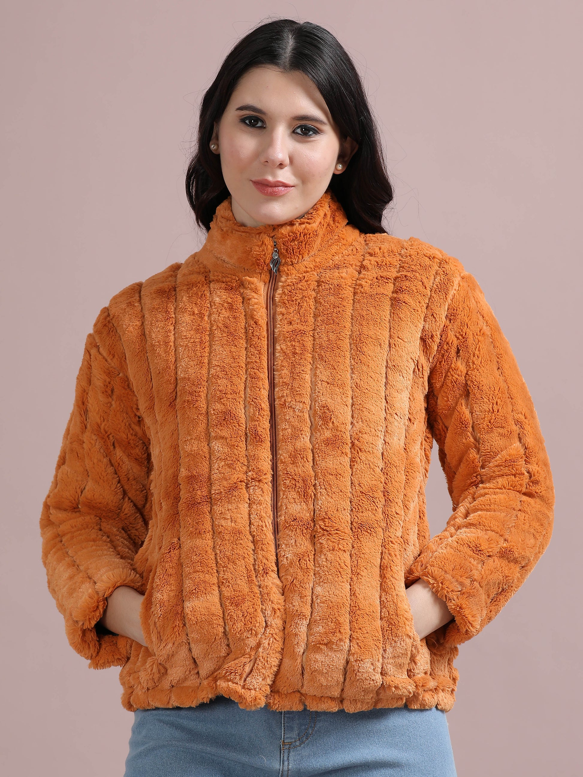 Orange Solid Slim Fit Rabbit Fur Jackets for Women