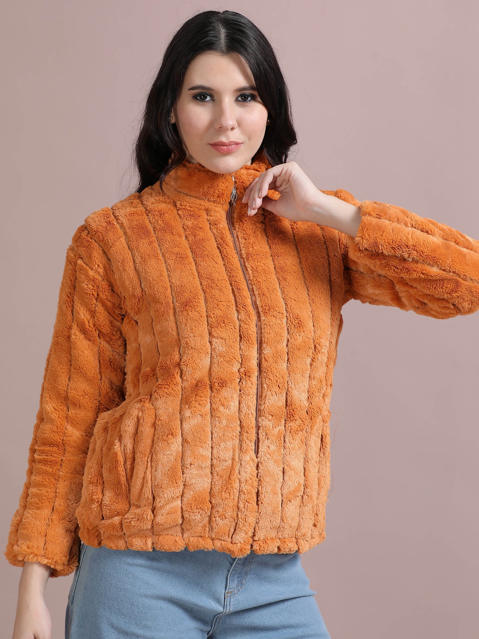 Orange Solid Slim Fit Rabbit Fur Jackets for Women