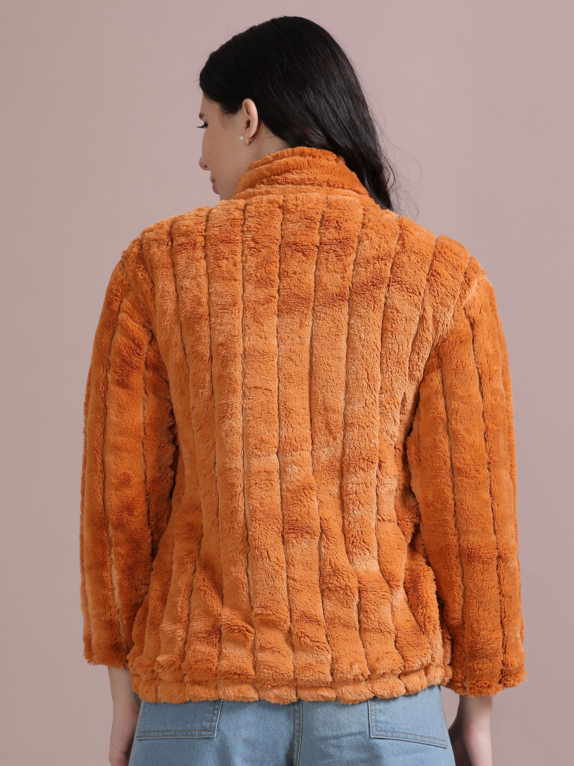 Orange Solid Slim Fit Rabbit Fur Jackets for Women