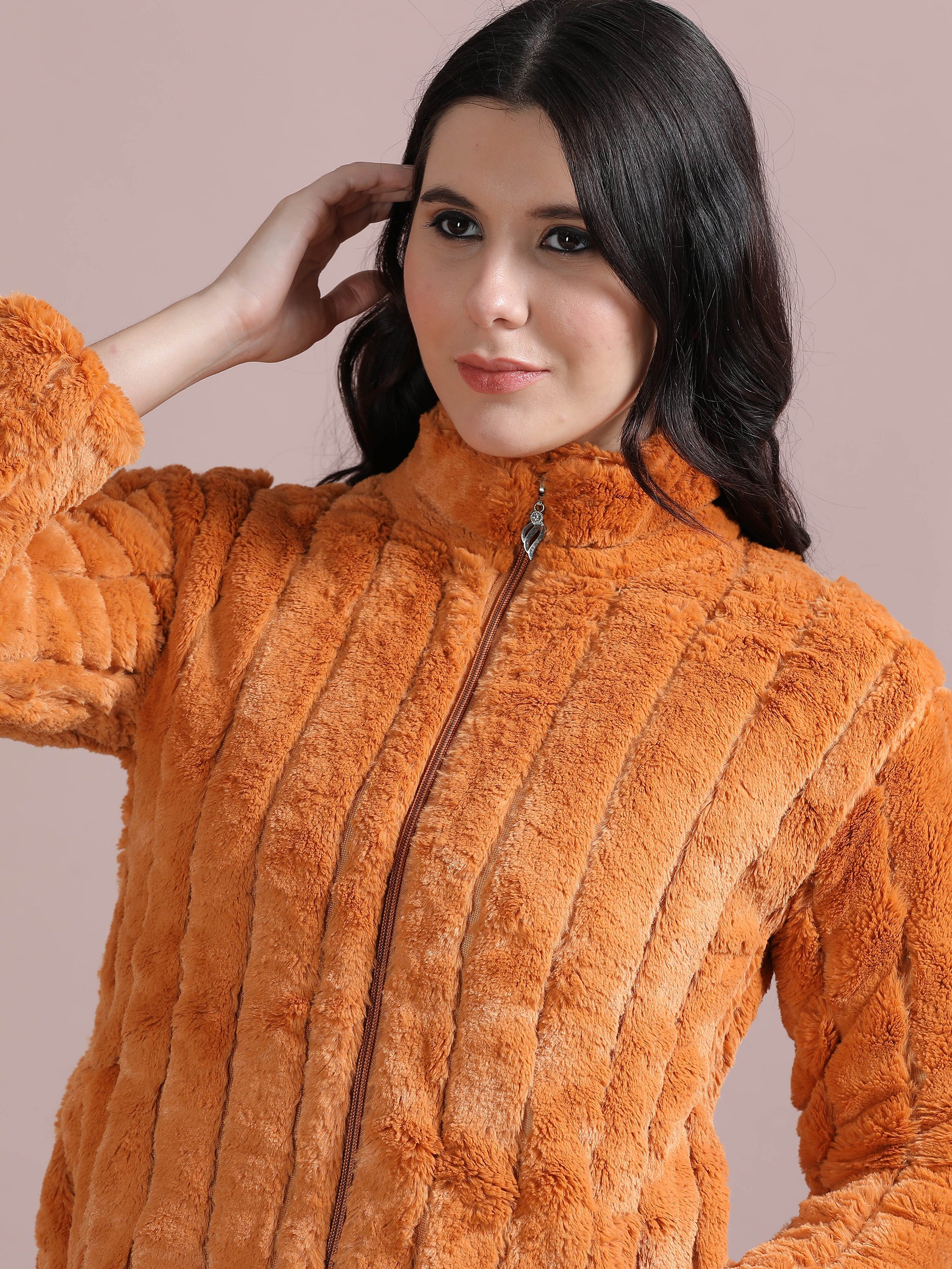 Orange Solid Slim Fit Rabbit Fur Jackets for Women