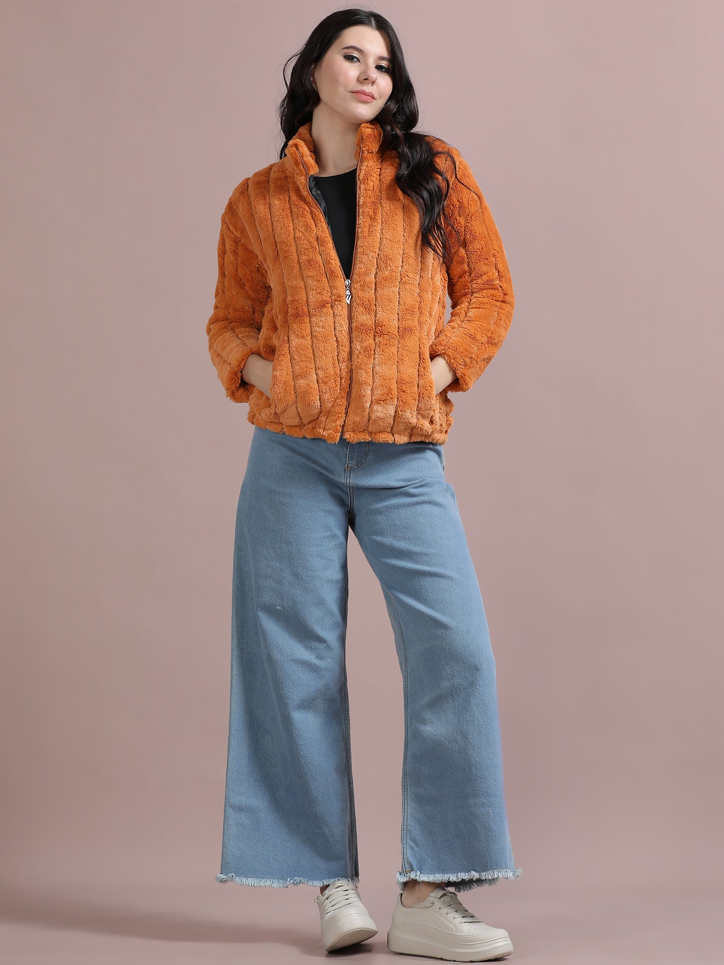Orange Solid Slim Fit Rabbit Fur Jackets for Women