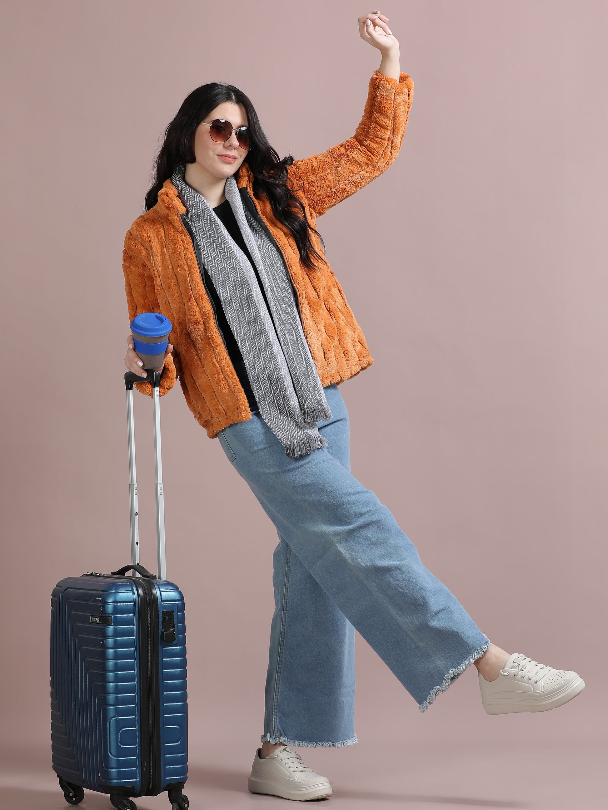 Orange Solid Slim Fit Rabbit Fur Jackets for Women