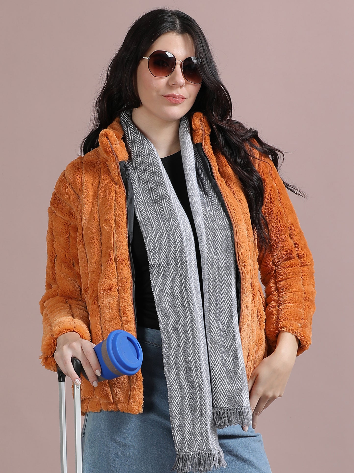 Orange Solid Slim Fit Rabbit Fur Jackets for Women