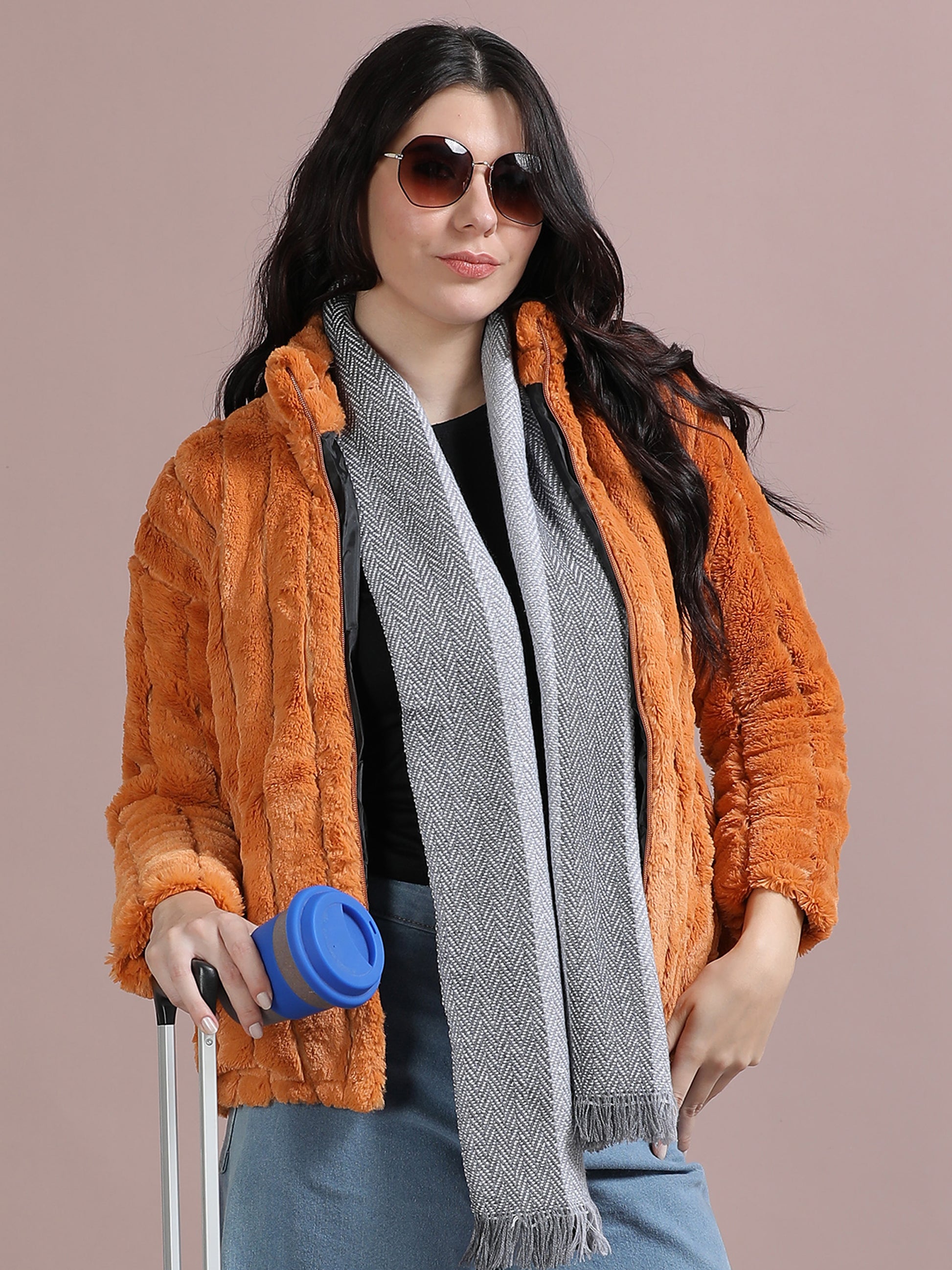 Orange Solid Slim Fit Rabbit Fur Jackets for Women