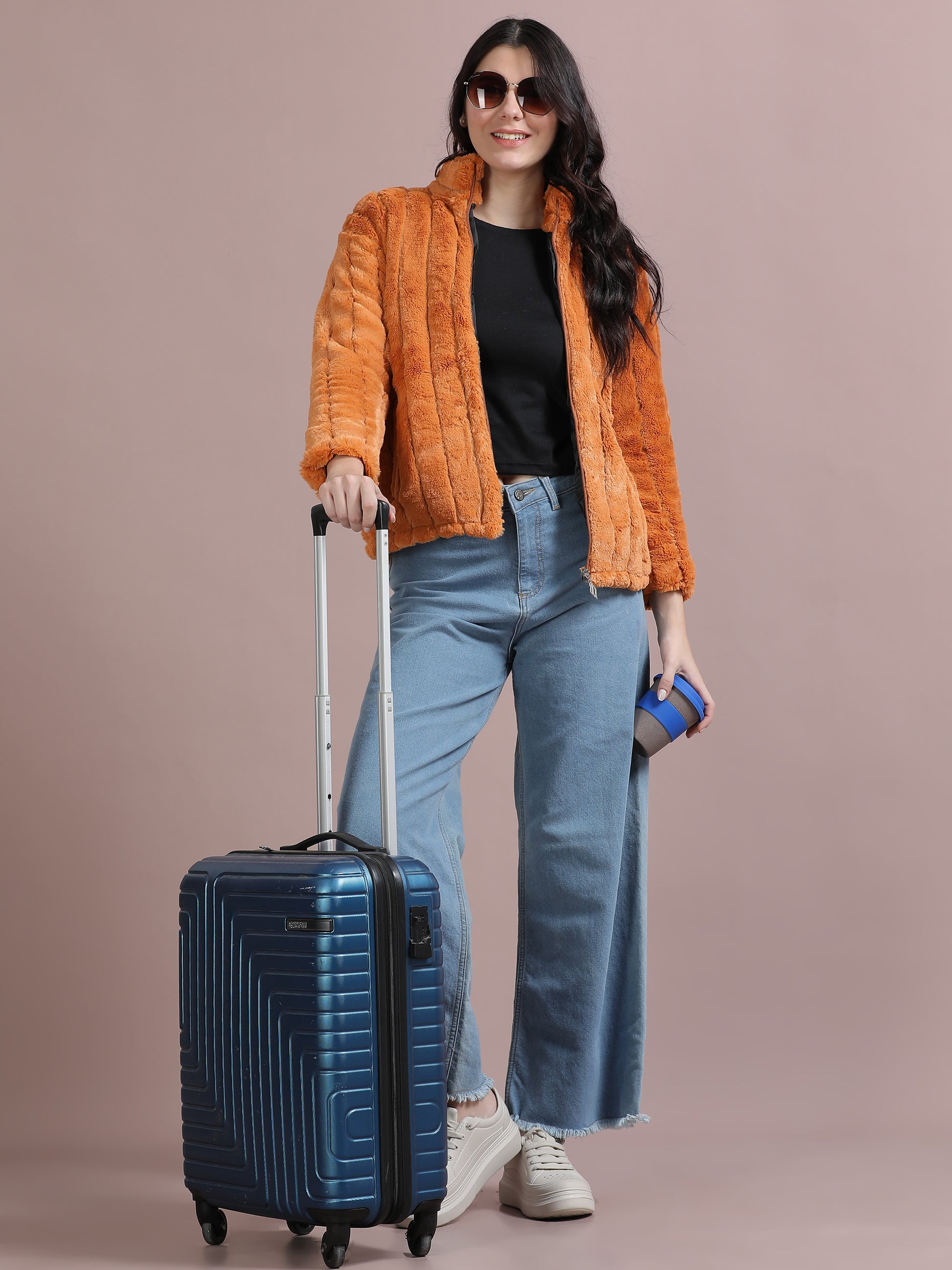 Orange Solid Slim Fit Rabbit Fur Jackets for Women