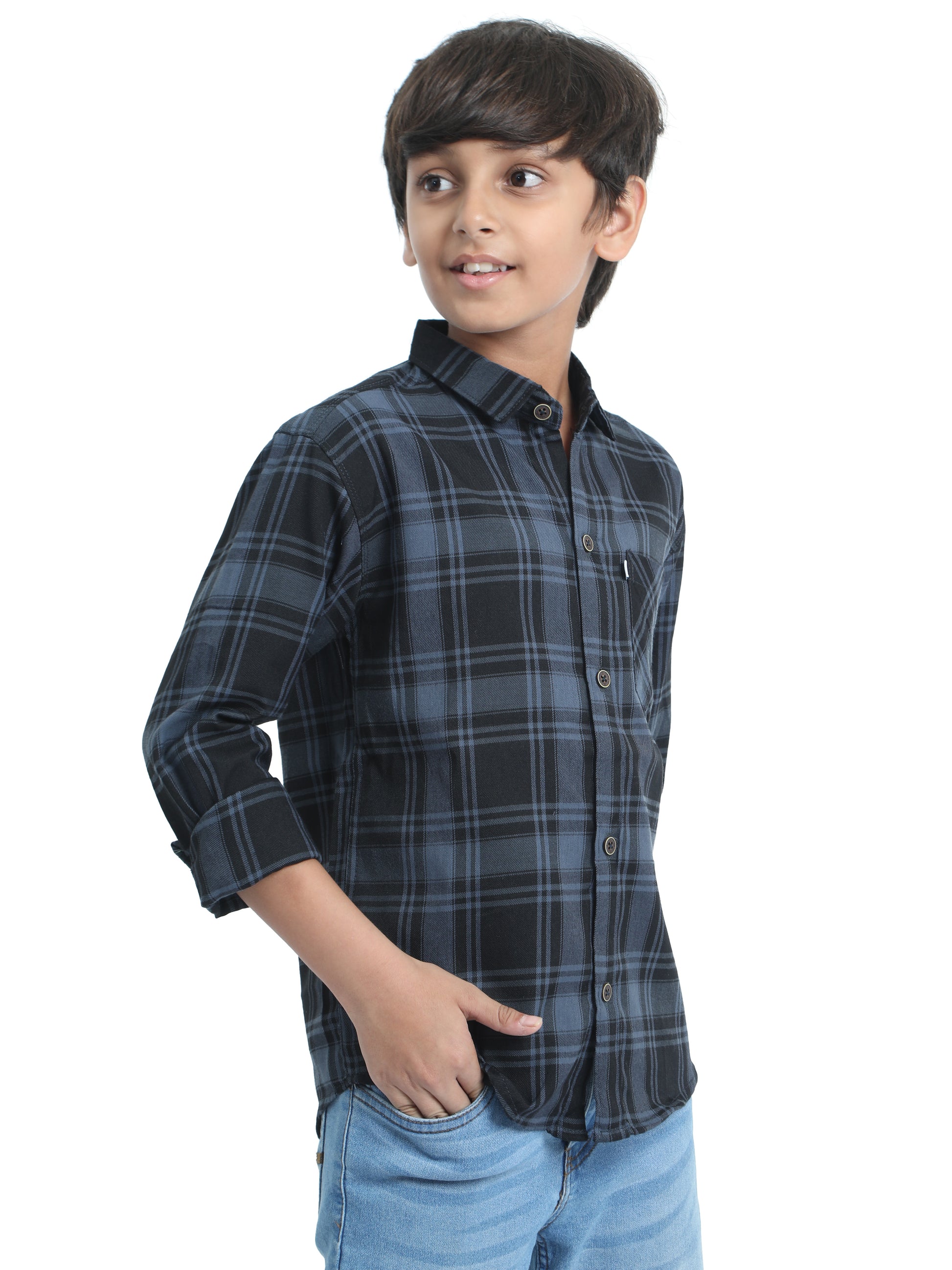 Cotton Tiger Checks Boys Grey Shirt
