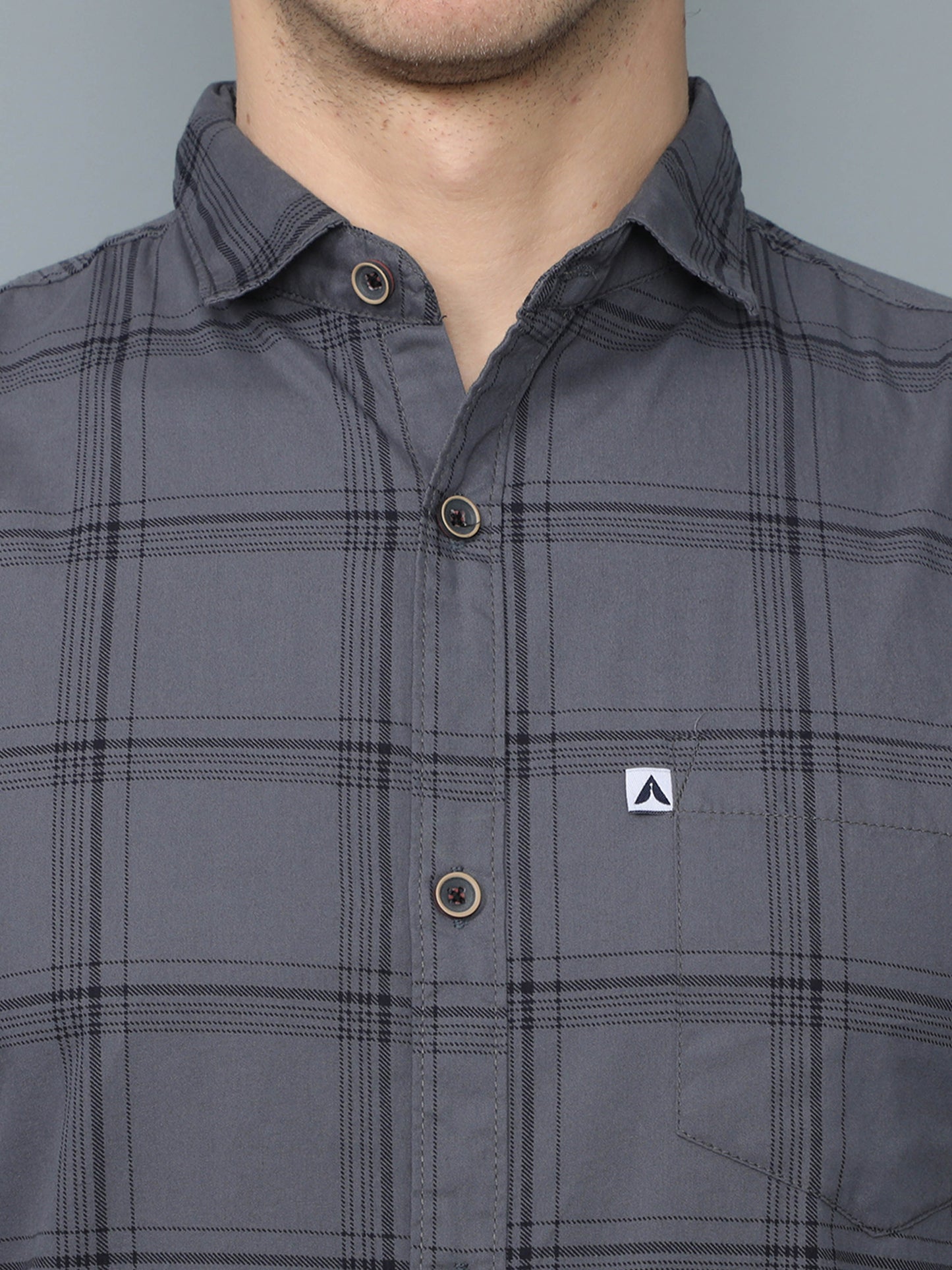 6line Grey Cotton Blend Checks Shirt For Men
