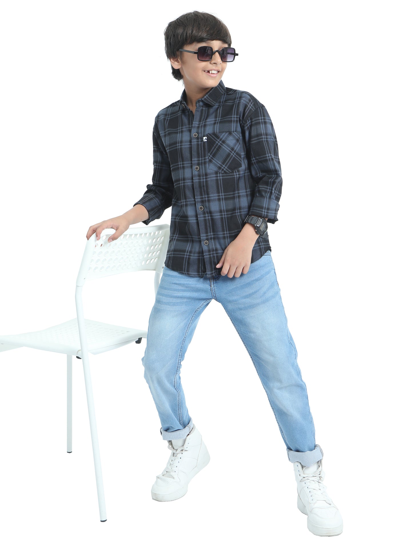 Cotton Tiger Checks Boys Grey Shirt