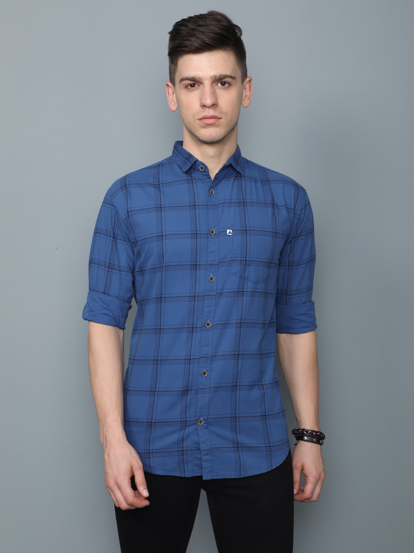 6line Navy Blue Cotton Blend Checks Plaid Shirt Mens