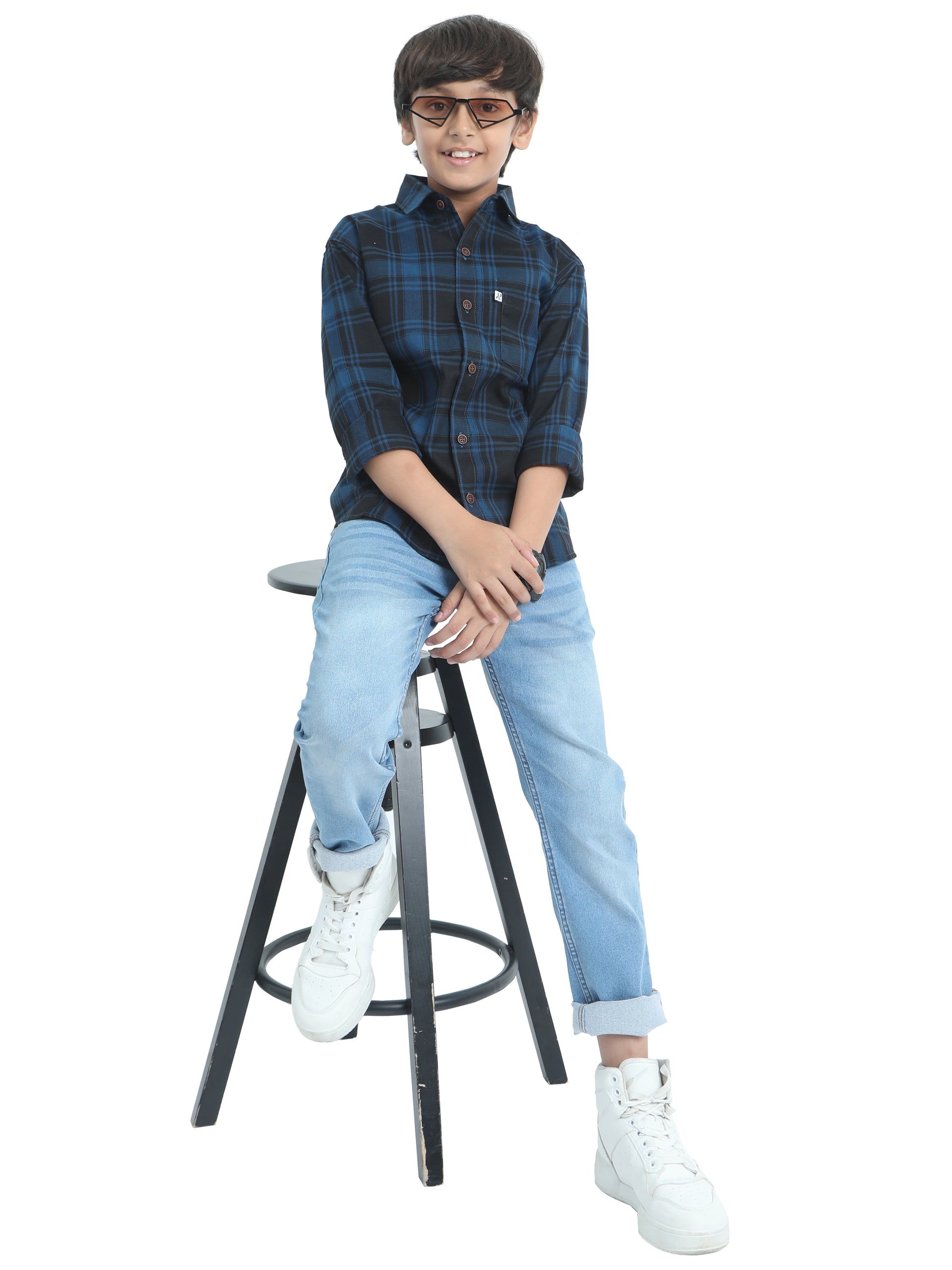 Cotton Tiger Checks Boys Navy Blue Shirt