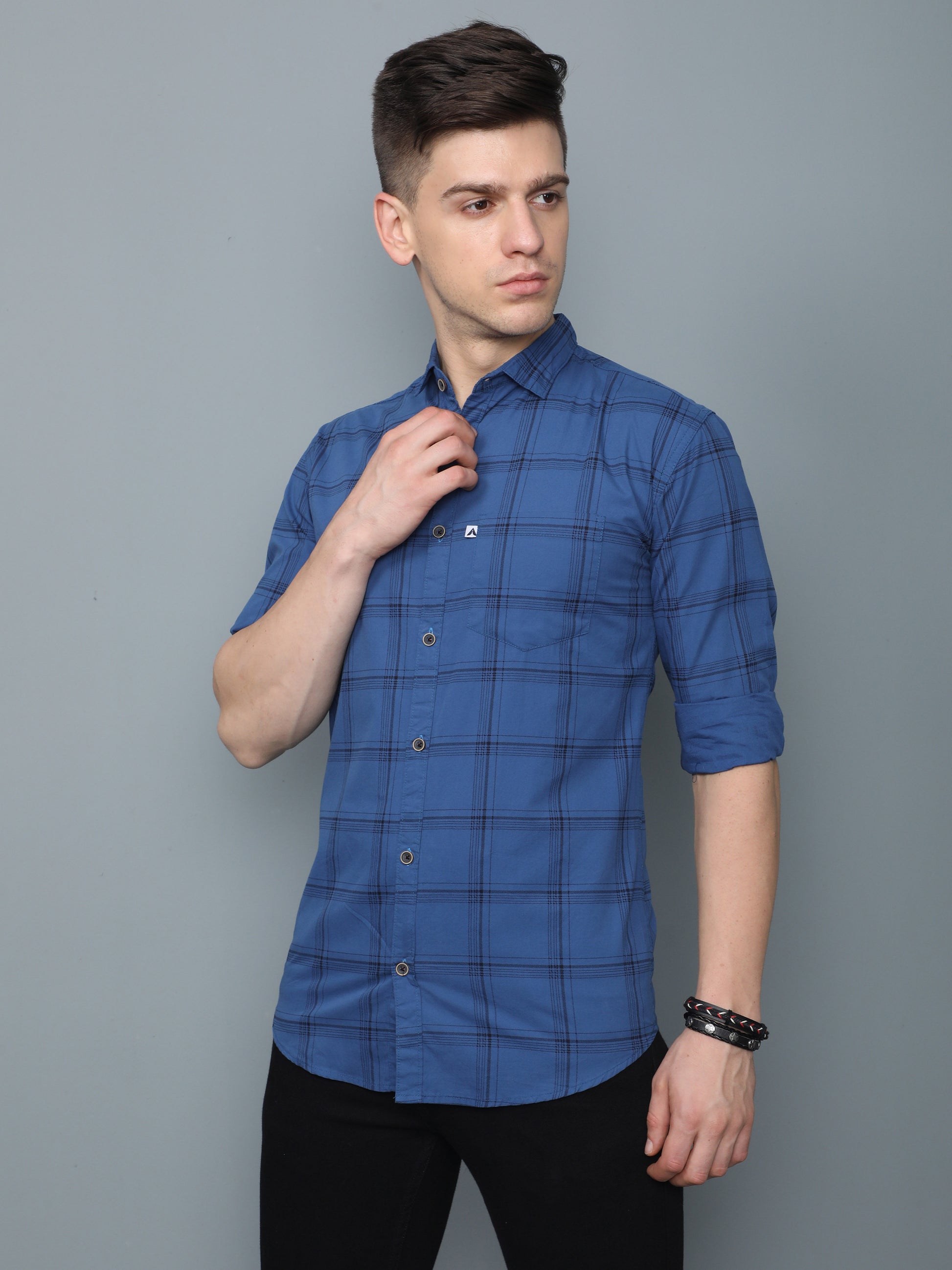 6line Navy Blue Cotton Blend Checks Plaid Shirt Mens