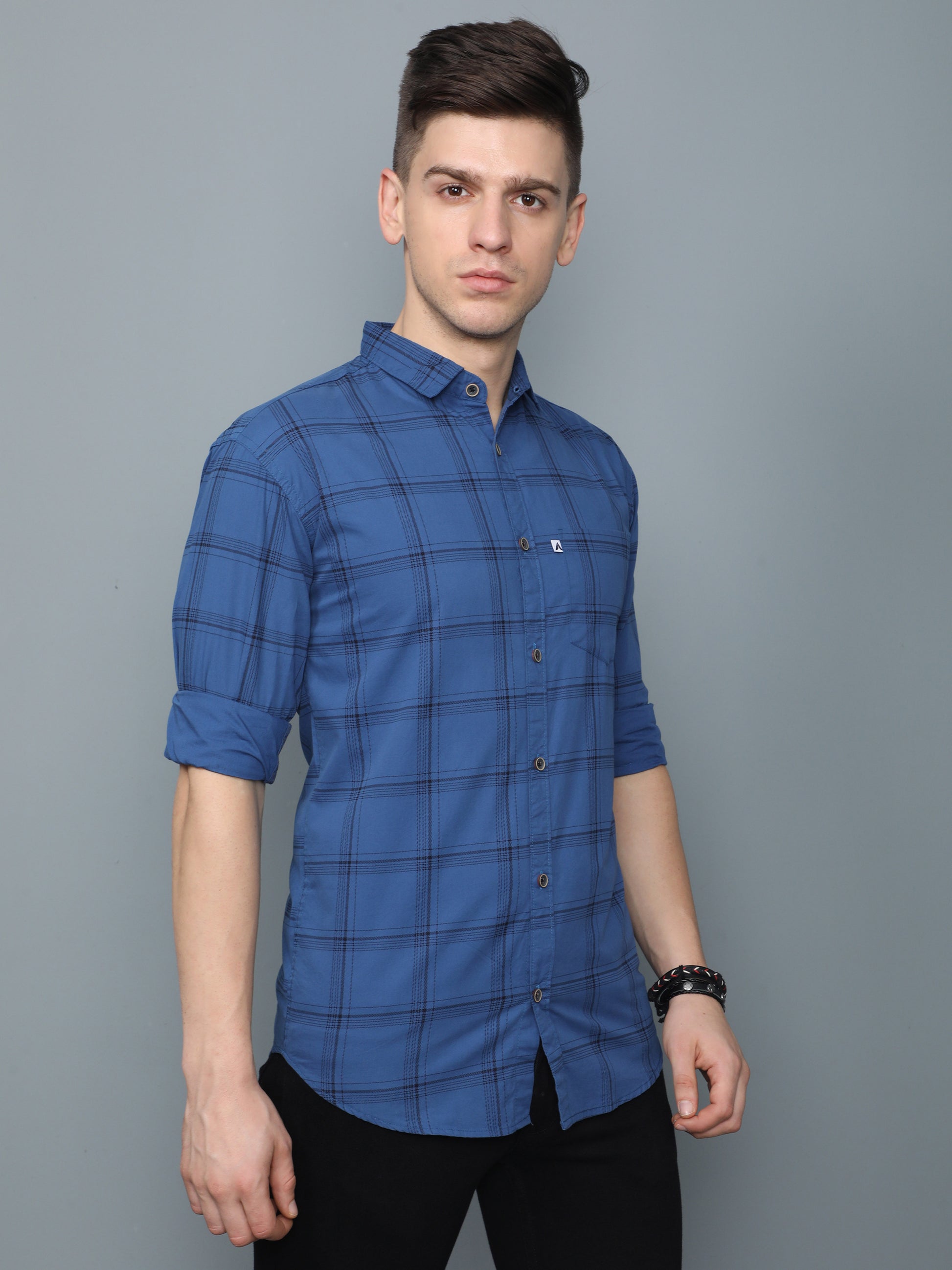 6line Navy Blue Cotton Blend Checks Plaid Shirt Mens
