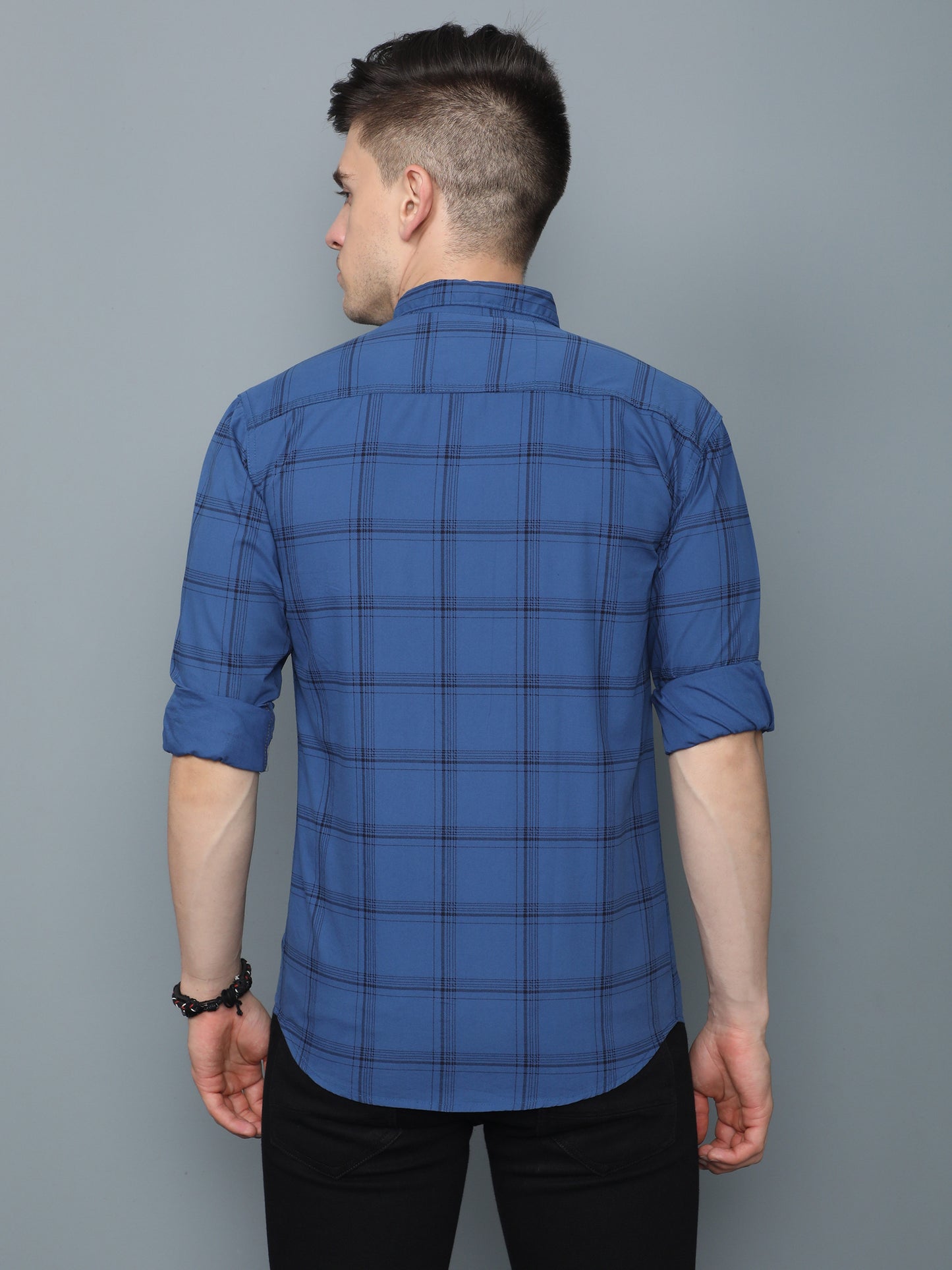 6line Navy Blue Cotton Blend Checks Plaid Shirt Mens