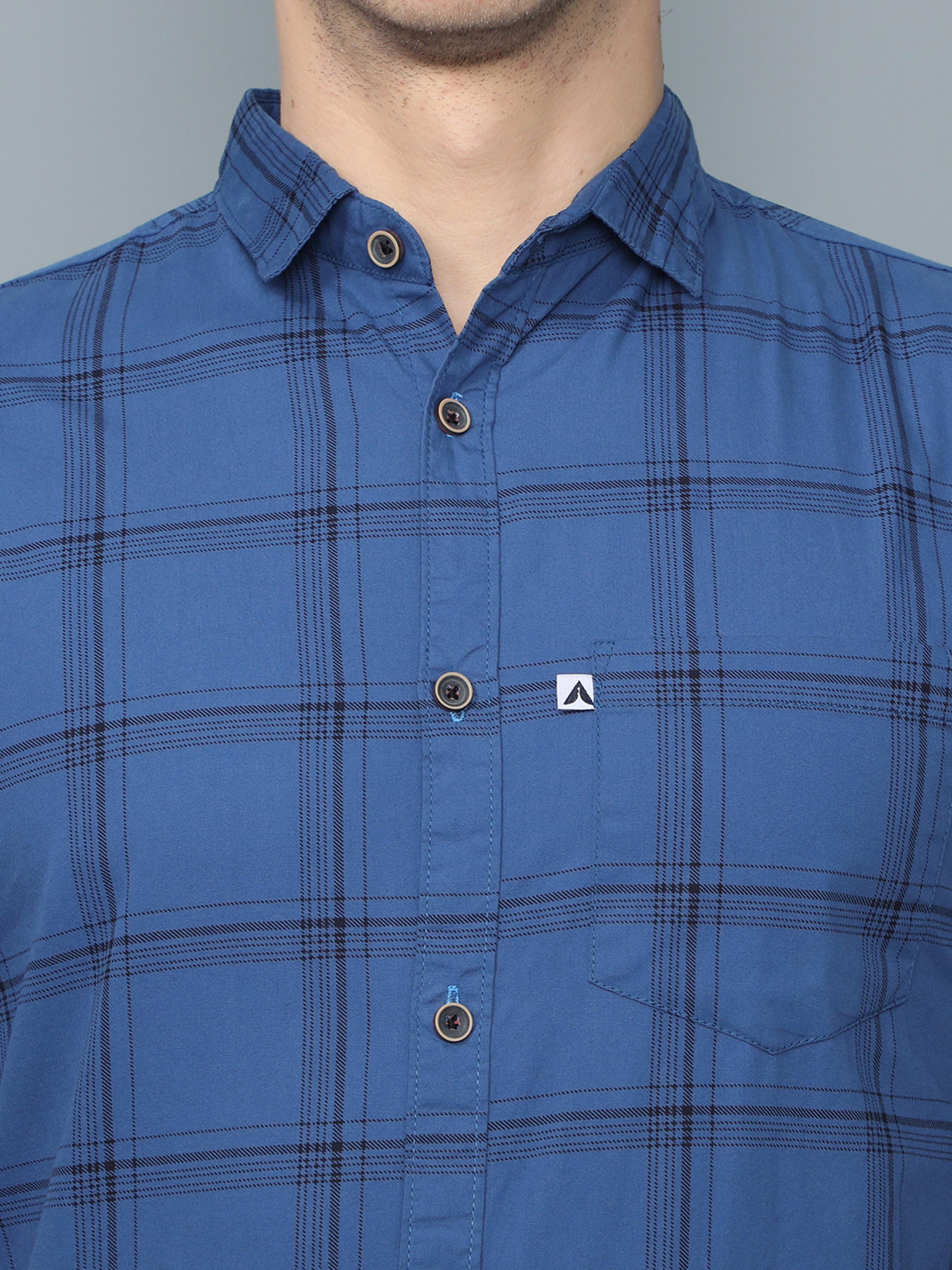 6line Navy Blue Cotton Blend Checks Plaid Shirt Mens