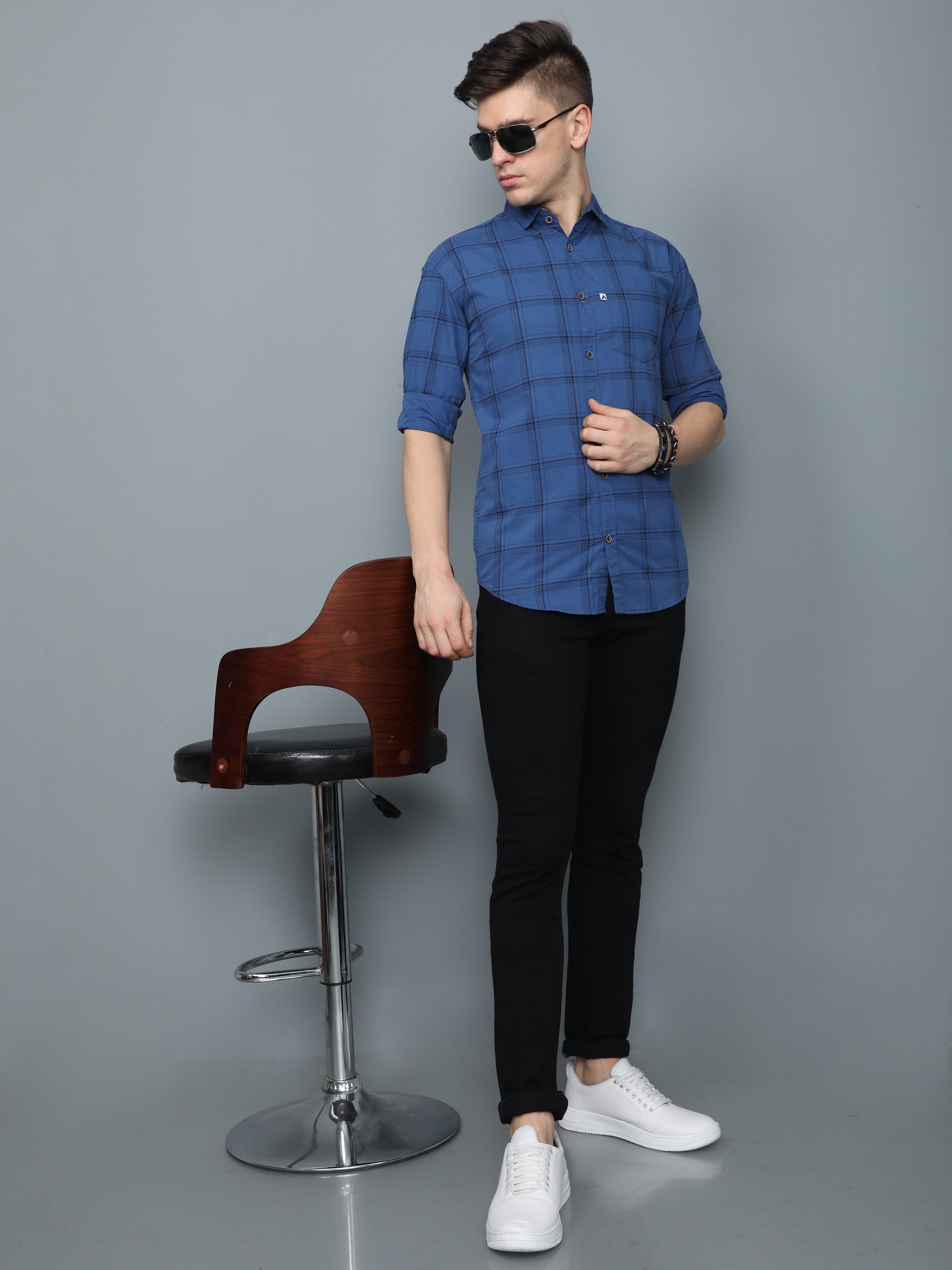 6line Navy Blue Cotton Blend Checks Plaid Shirt Mens