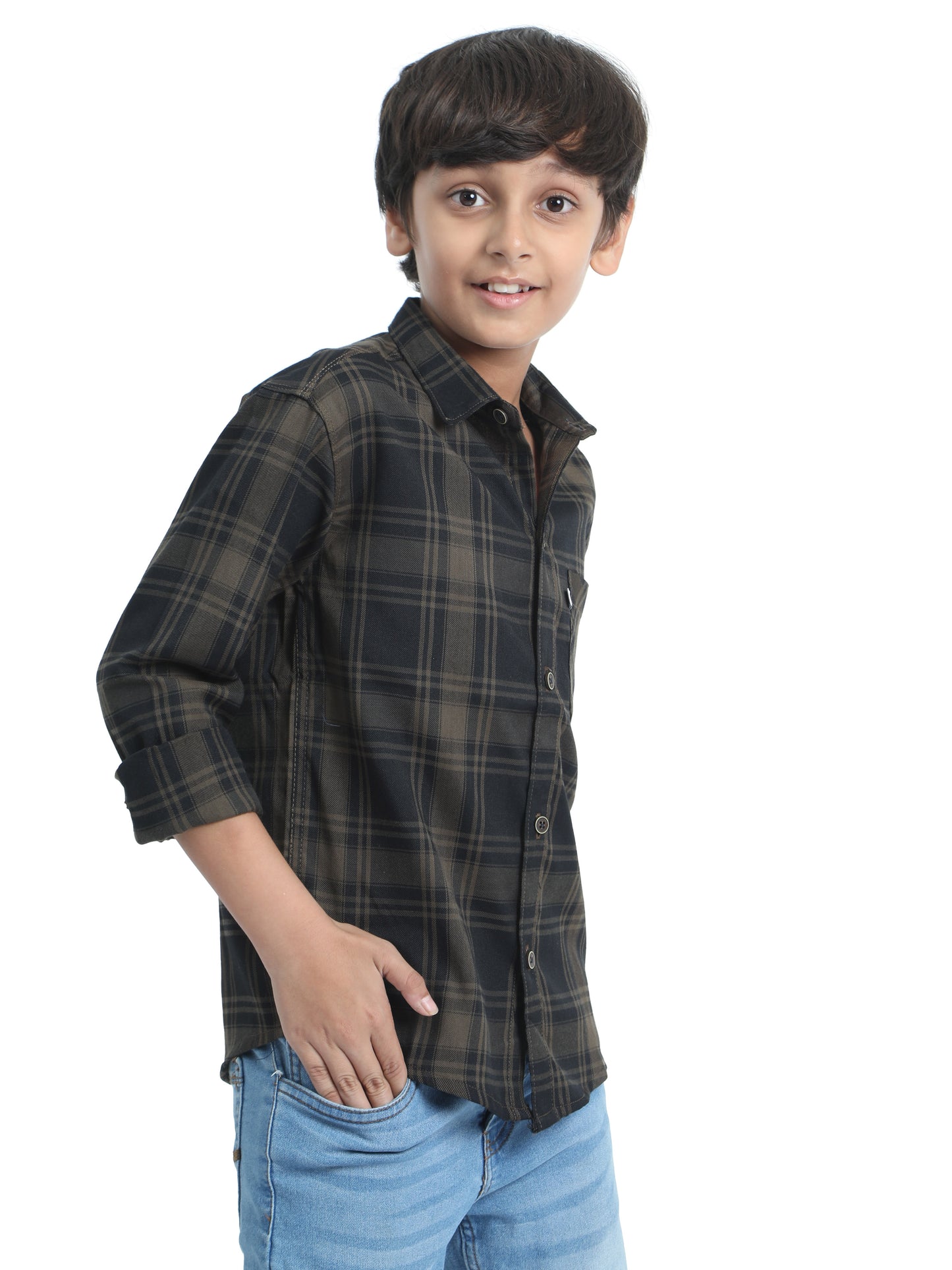Cotton Tiger Checks Boys Brown Shirt