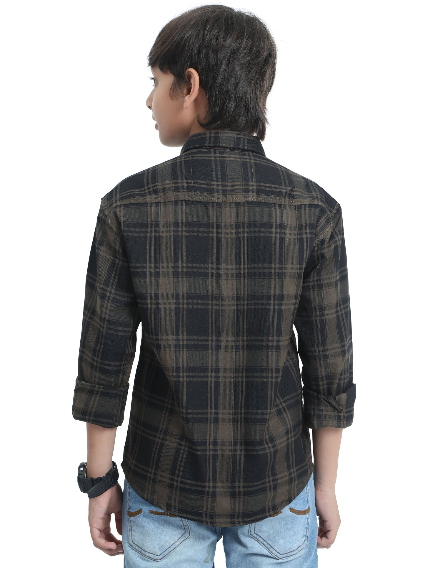 Cotton Tiger Checks Boys Brown Shirt