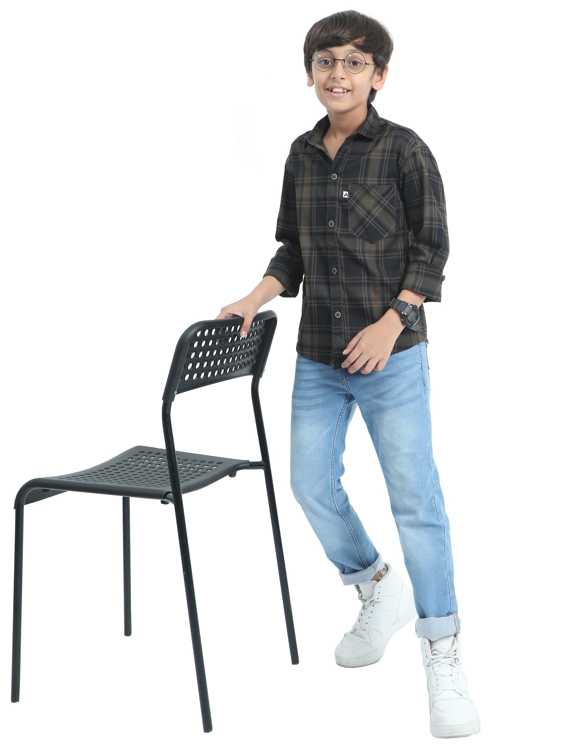 Cotton Tiger Checks Boys Brown Shirt