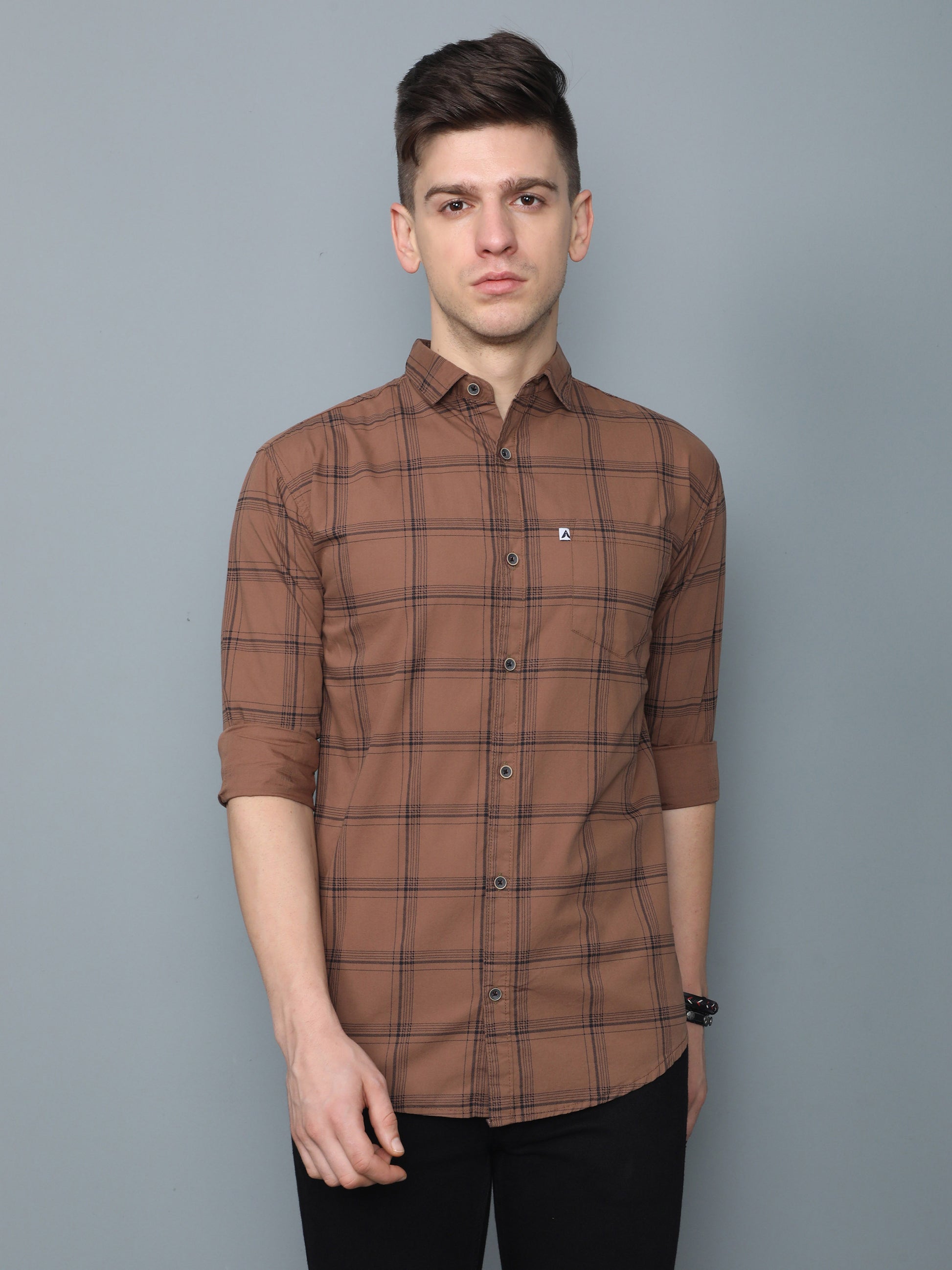 Men’s brown checkered casual shirt with full sleeves rolled up, slim fit style