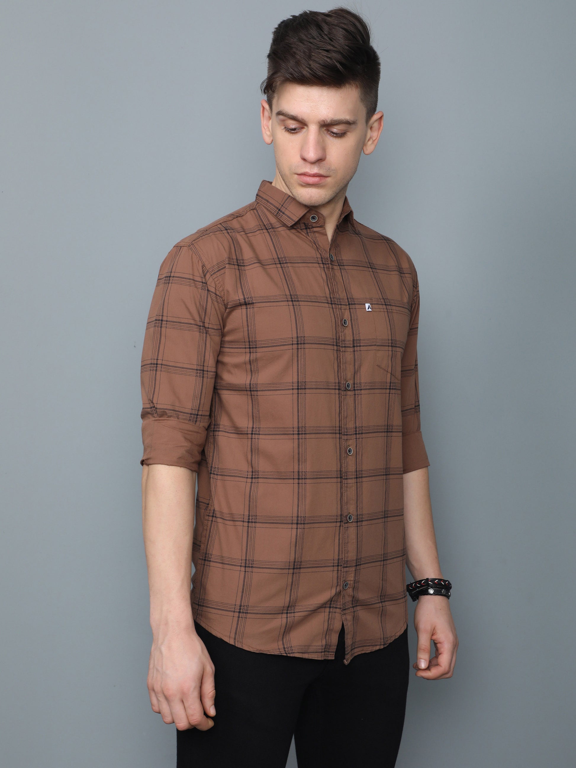 Brown checkered cotton shirt for men, rolled-up sleeves, casual wear