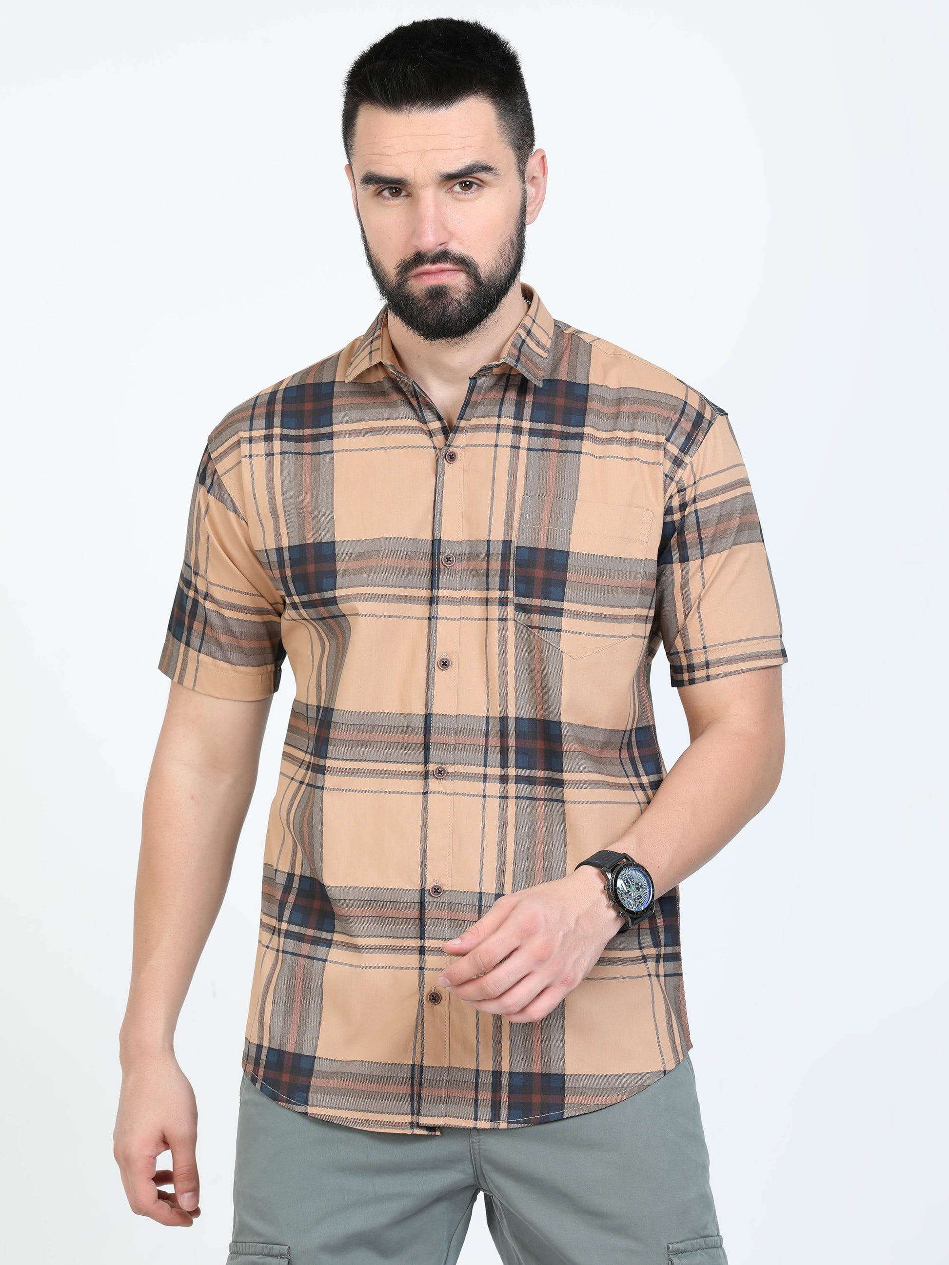 Broadchecks Orange Half Sleeve Checked Shirts for Men