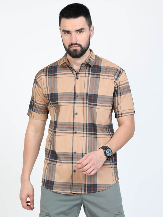Broadchecks Orange Half Sleeve Checked Shirts for Men