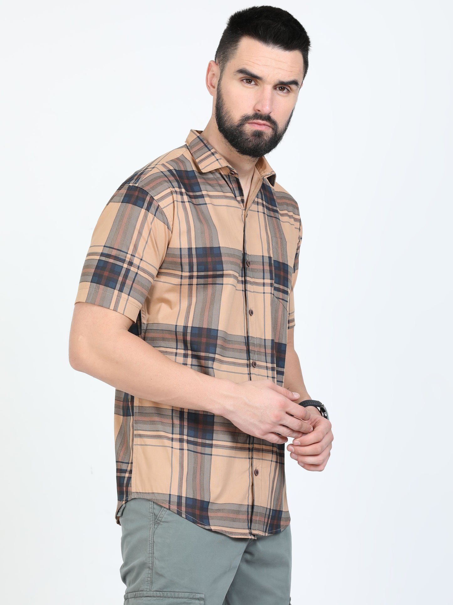 Broadchecks Orange Half Sleeve Checked Shirts for Men
