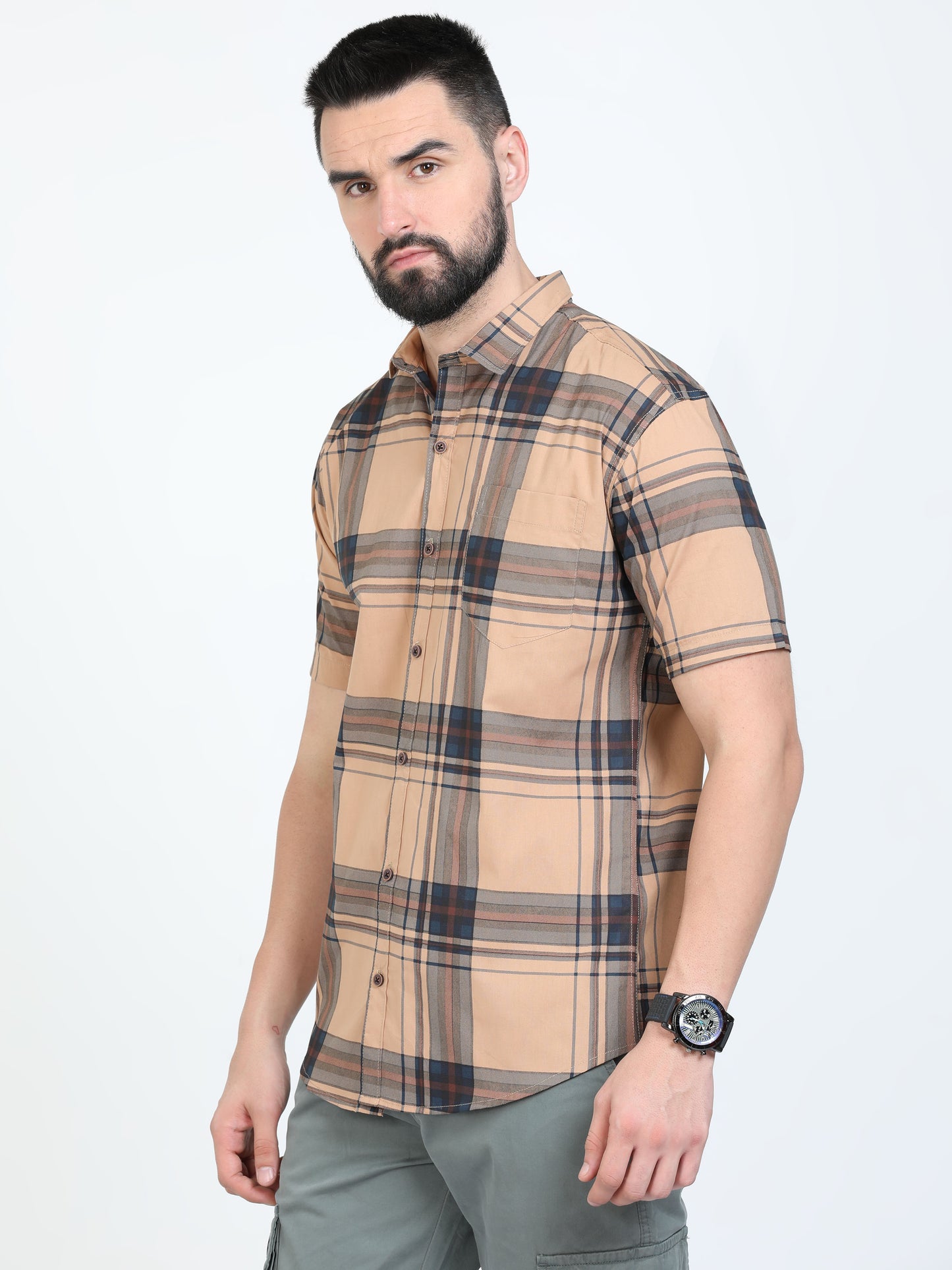 Broadchecks Orange Half Sleeve Checked Shirts for Men